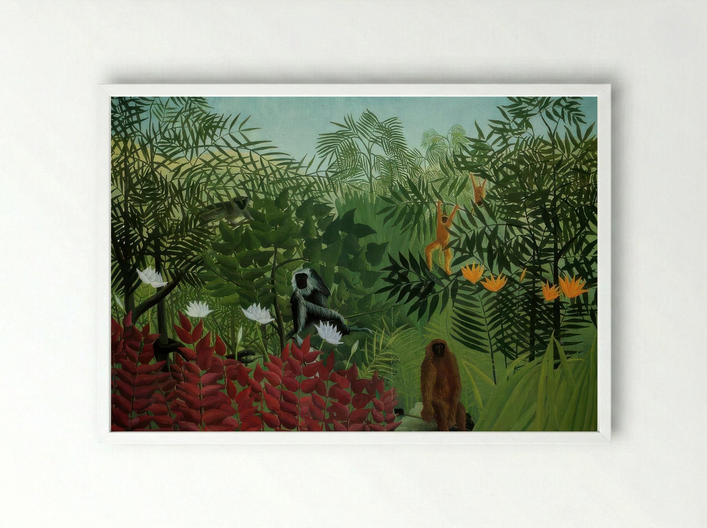 Tropical Forest with Apes and Snake by Henri Rousseau – Naïve Art Jungle Fantasy Print - Framed Print White