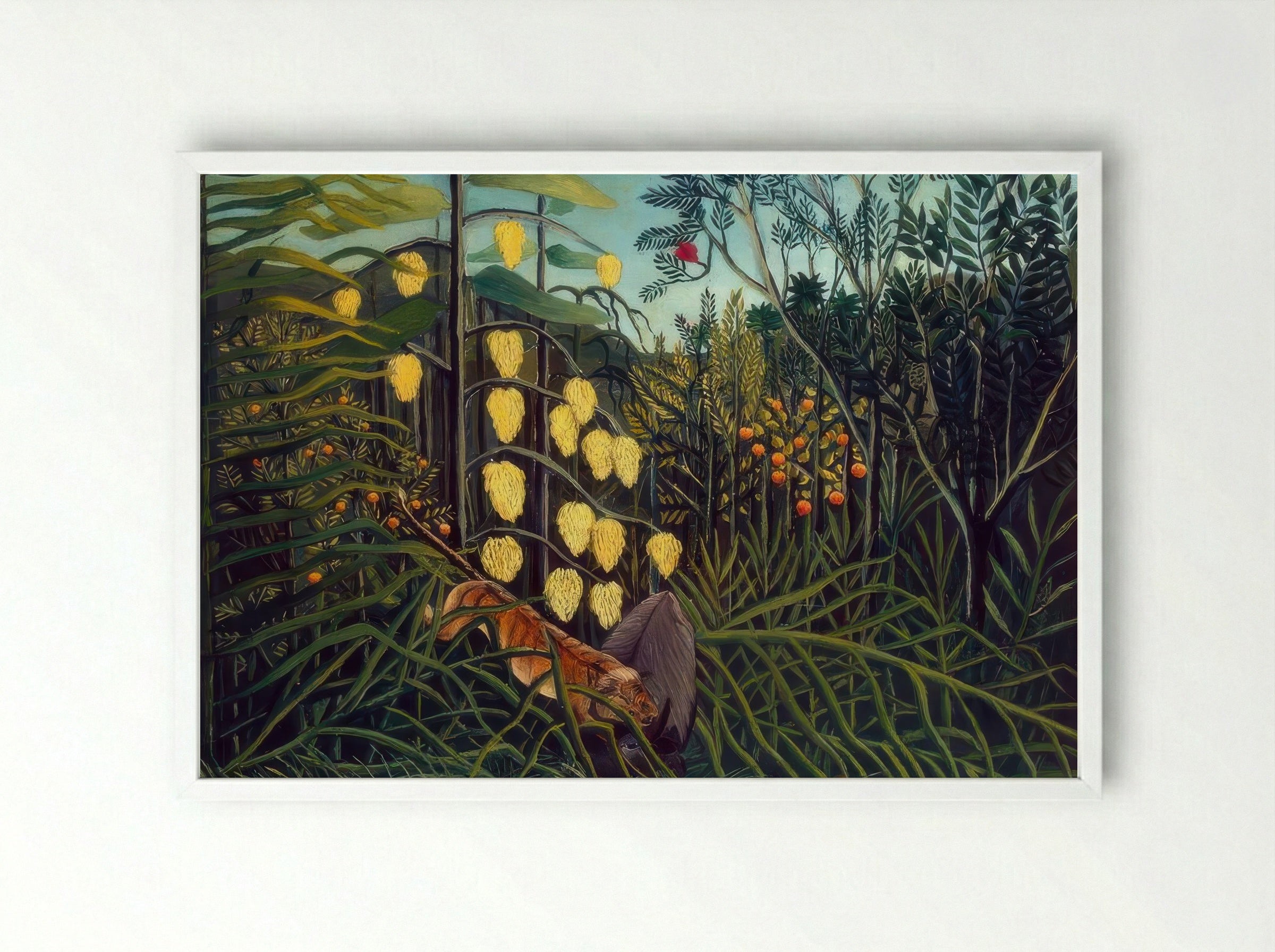 Tropical Forest with Battling Tiger and Buffalo by Henri Rousseau – Naïve Art Jungle Wildlife Print - Framed Print White