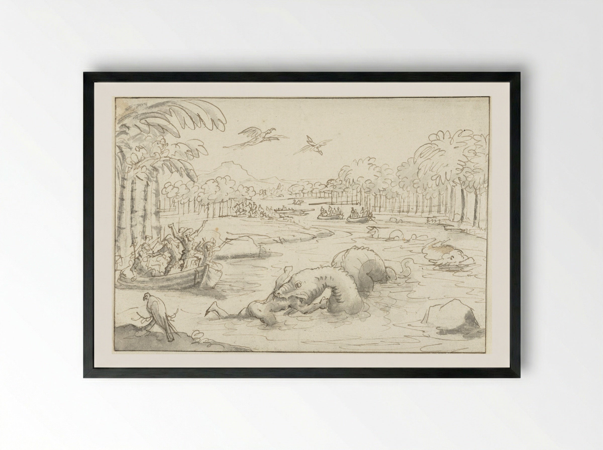 Tropical Scene with a Sea Serpent Devouring a Man - Caspar Luyken - Framed Print Black