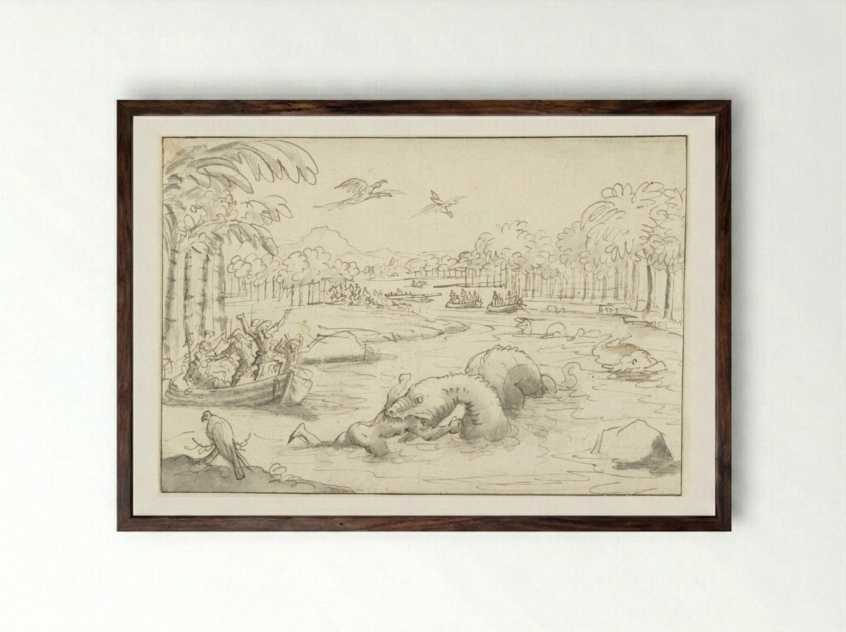 Tropical Scene with a Sea Serpent Devouring a Man - Caspar Luyken - Framed Print Dark Wood