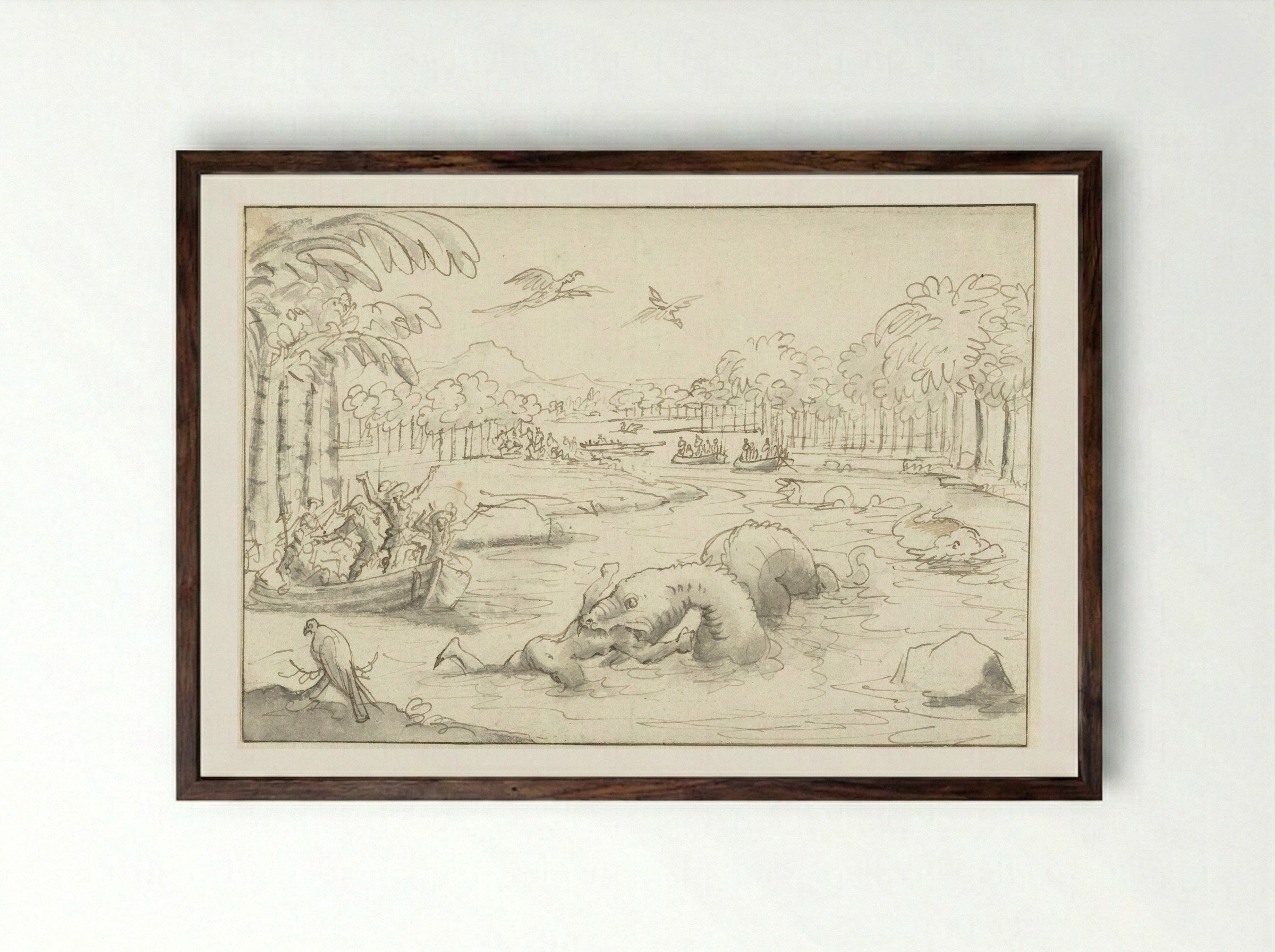 Tropical Scene with a Sea Serpent Devouring a Man - Caspar Luyken - Framed Print Dark Wood