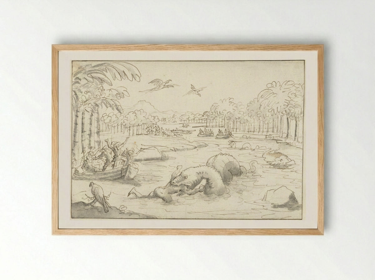 Tropical Scene with a Sea Serpent Devouring a Man - Caspar Luyken - Framed Print Wood