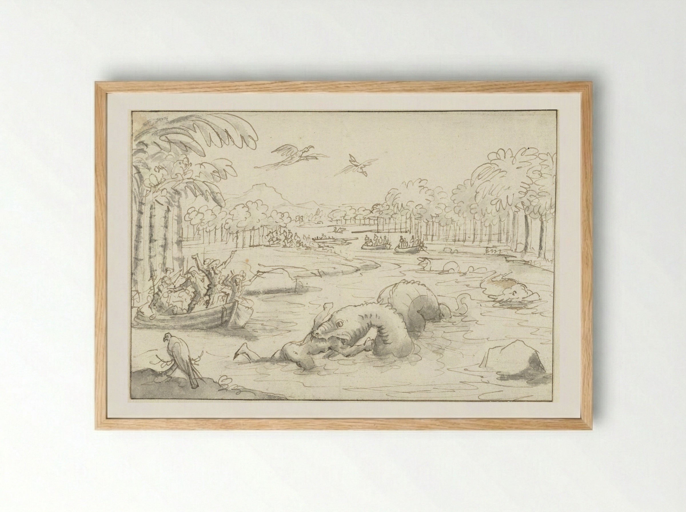 Tropical Scene with a Sea Serpent Devouring a Man - Caspar Luyken - Framed Print Wood