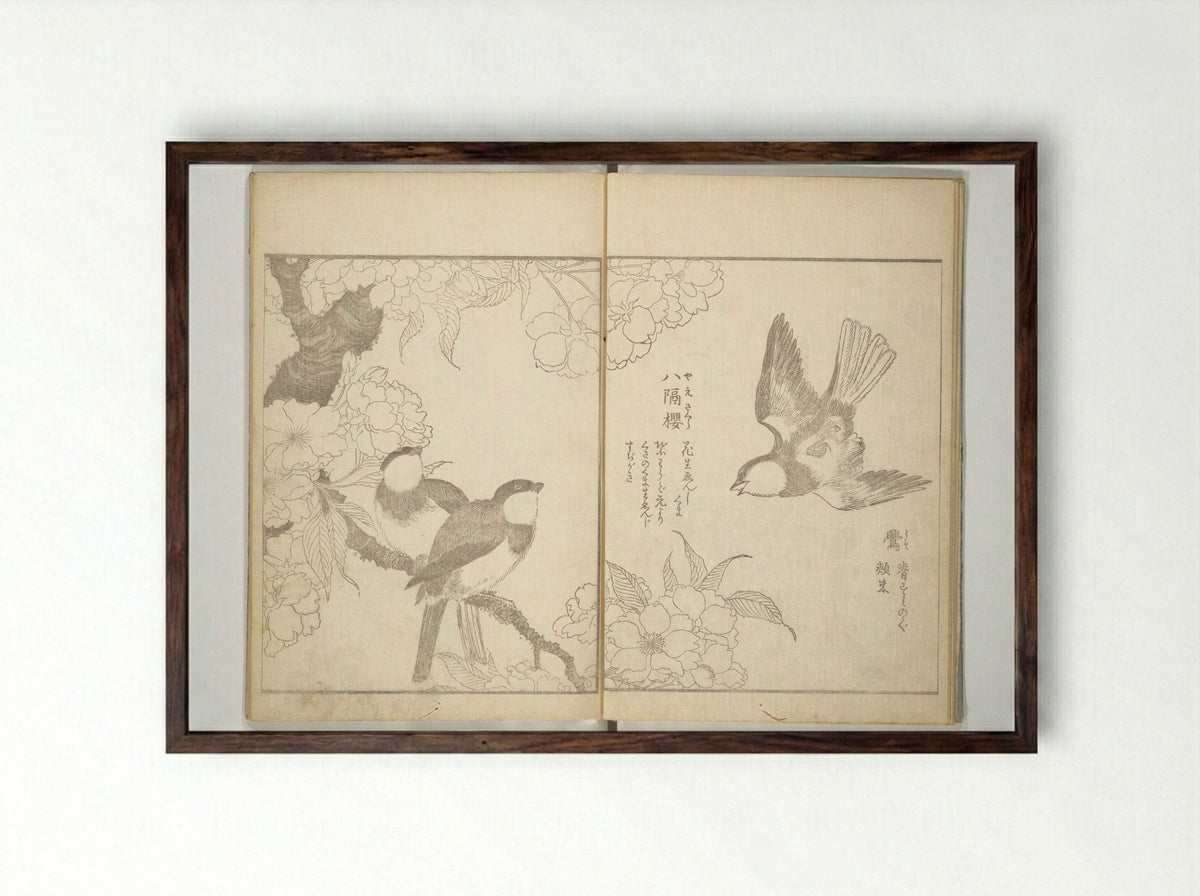 True Depictions of Bird and Flower Pictures - Kitao Shigemasa - Framed Print Dark Wood