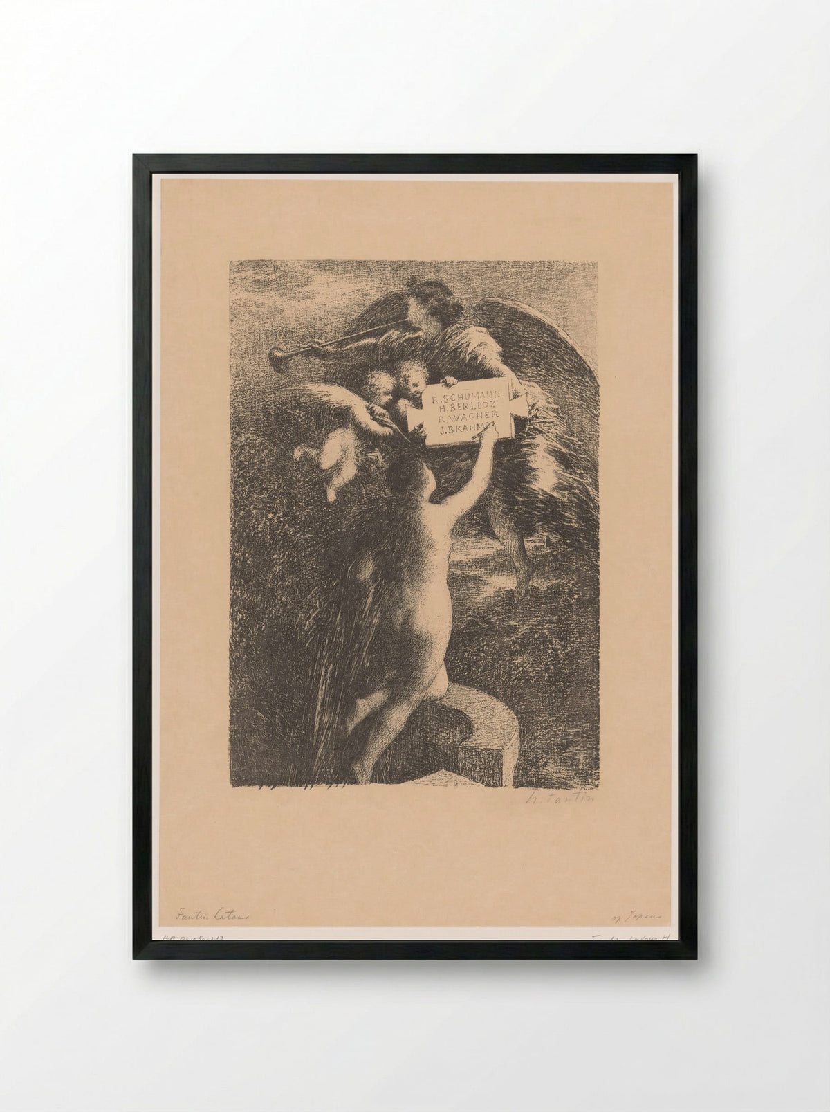 Truth Engraving the Names of Four Composers in Stone - Henri Fantin-Latour - Framed Print Black