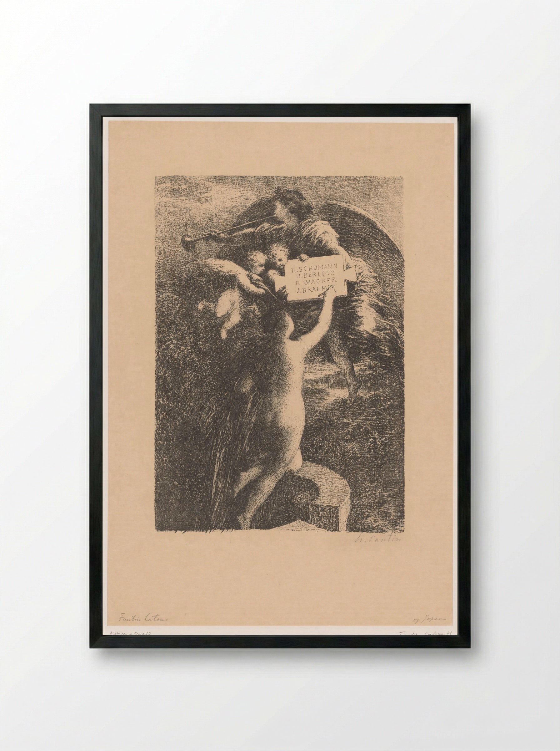 Truth Engraving the Names of Four Composers in Stone - Henri Fantin-Latour - Framed Print Black