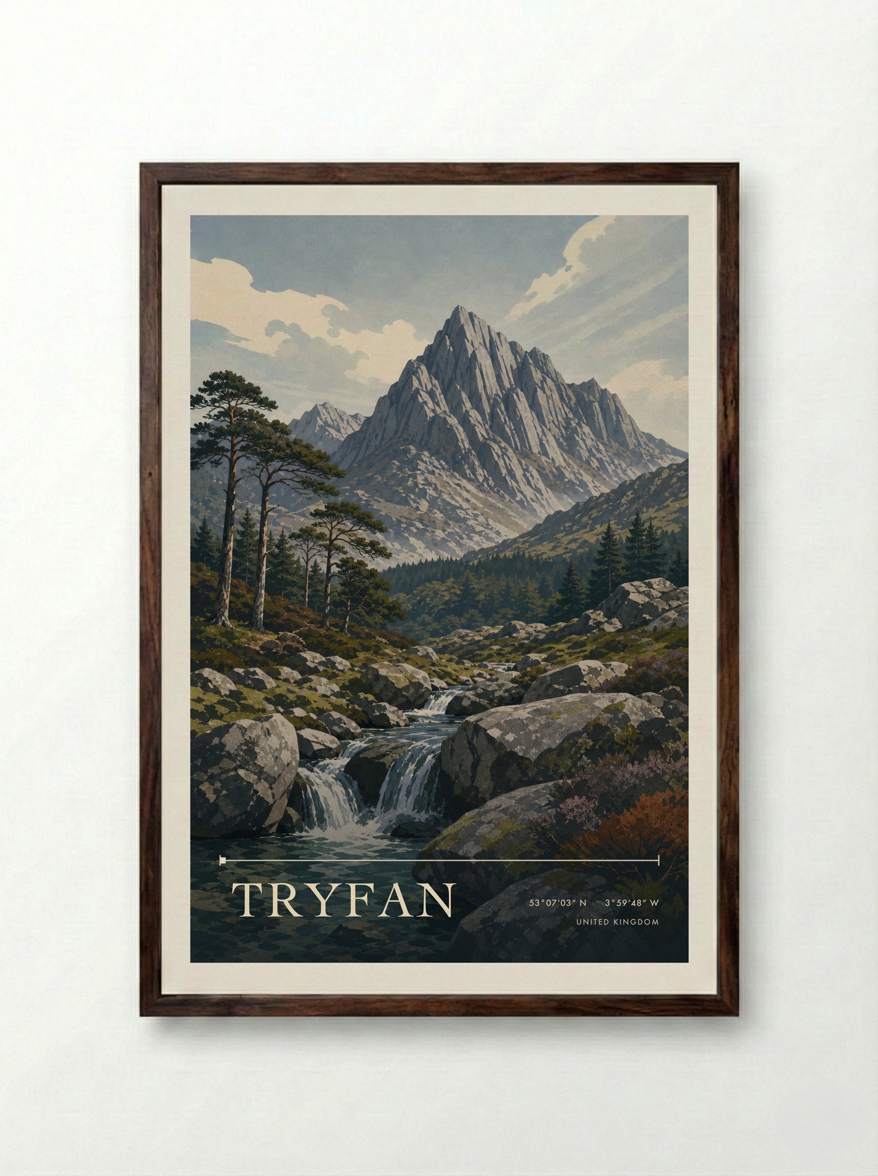 Tryfan United Kingdom Travel Poster - Framed Print Dark Wood