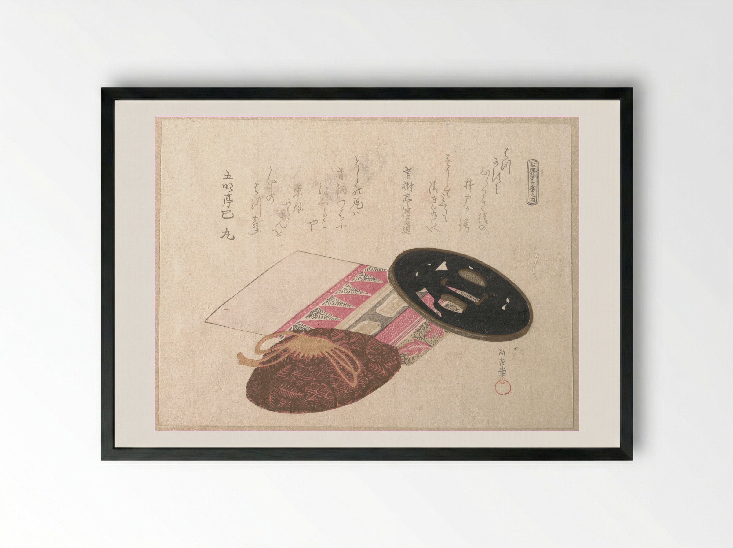 Tsuba (Sword Guard) and Bags - Kubo Shunman - Framed Print Black