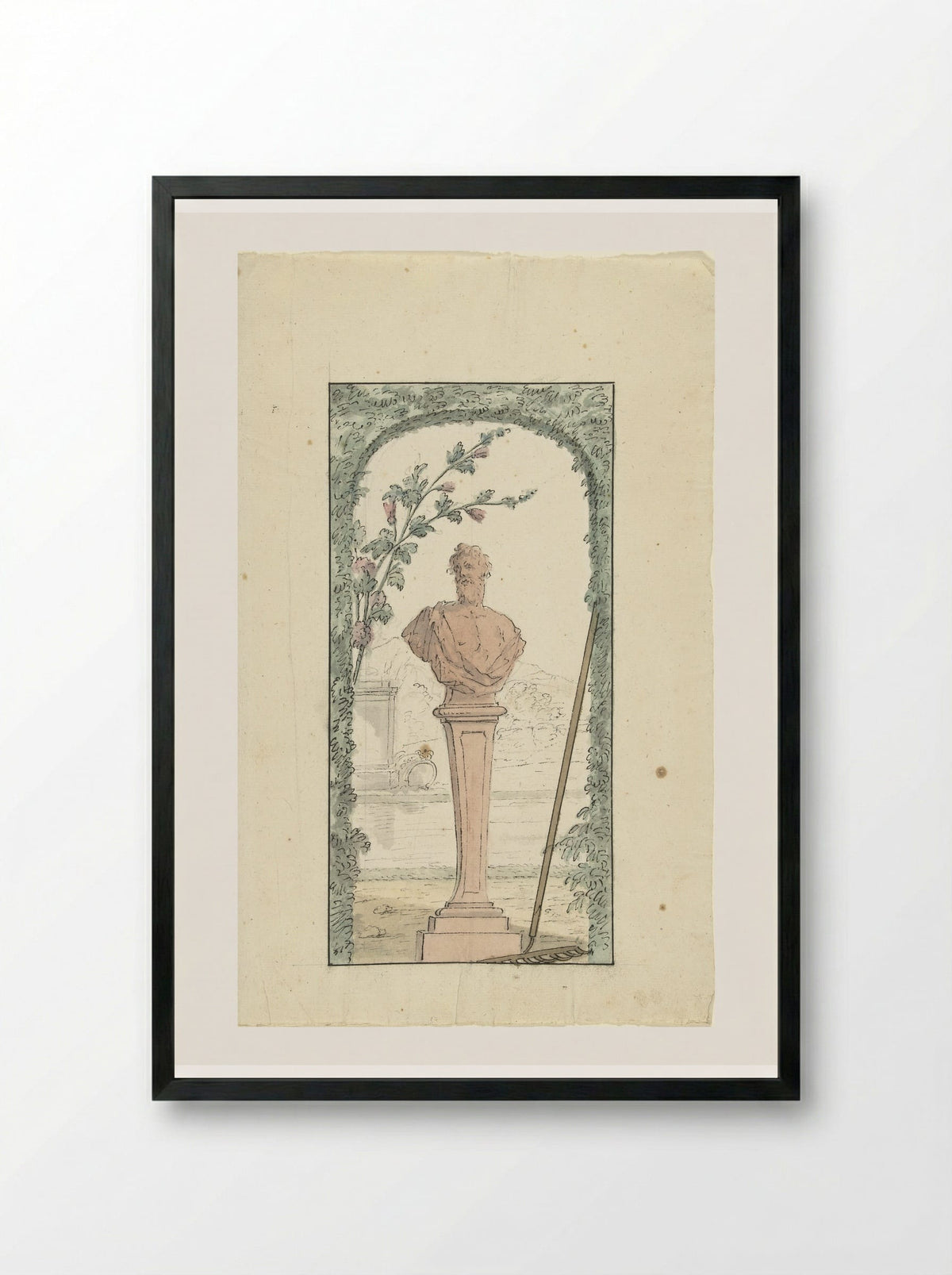 Tuinbeeld op voetstuk in een nis van geschoren haag - Elias van Nijmegen - Framed Print Black