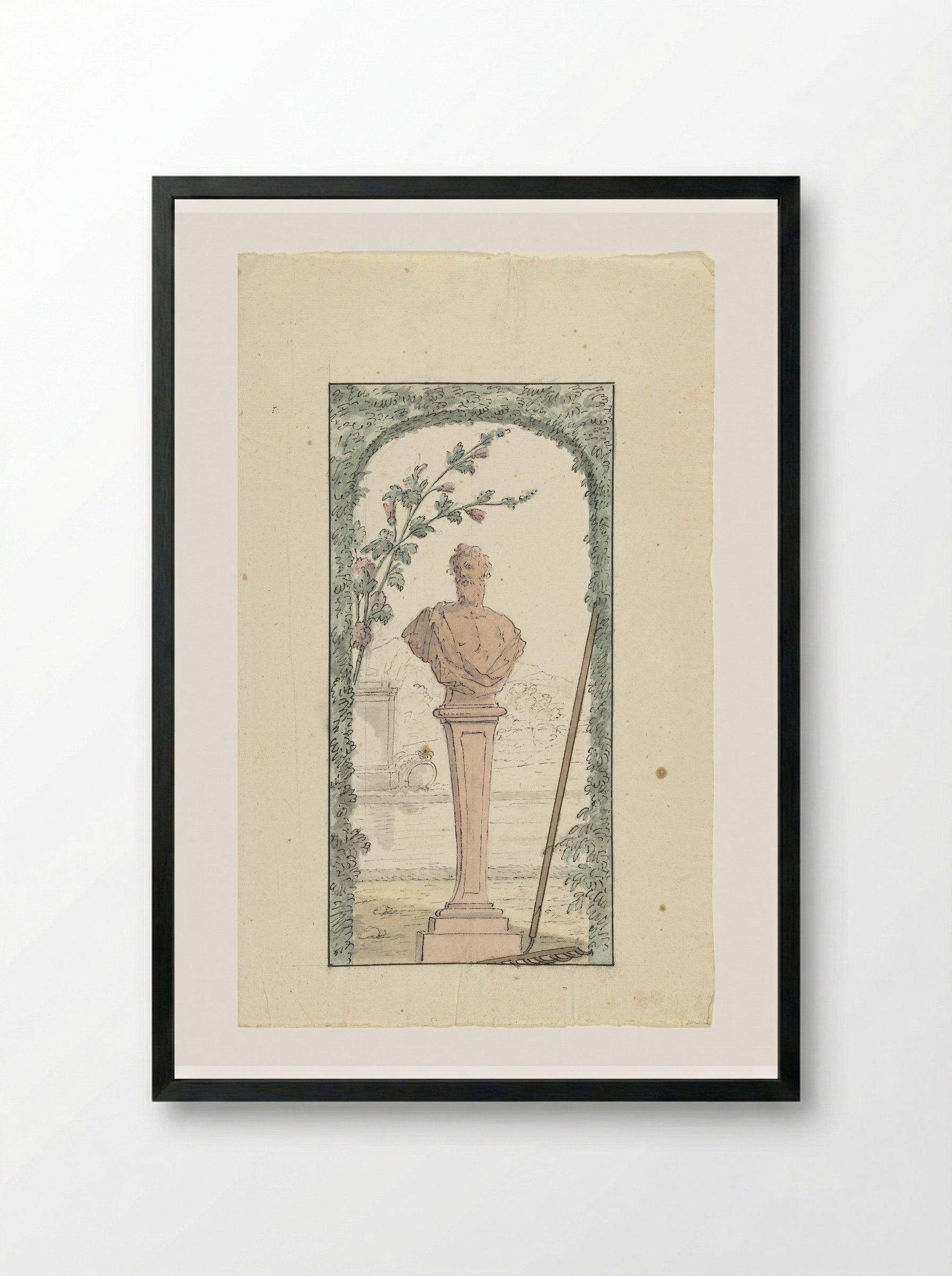 Tuinbeeld op voetstuk in een nis van geschoren haag - Elias van Nijmegen - Framed Print Black