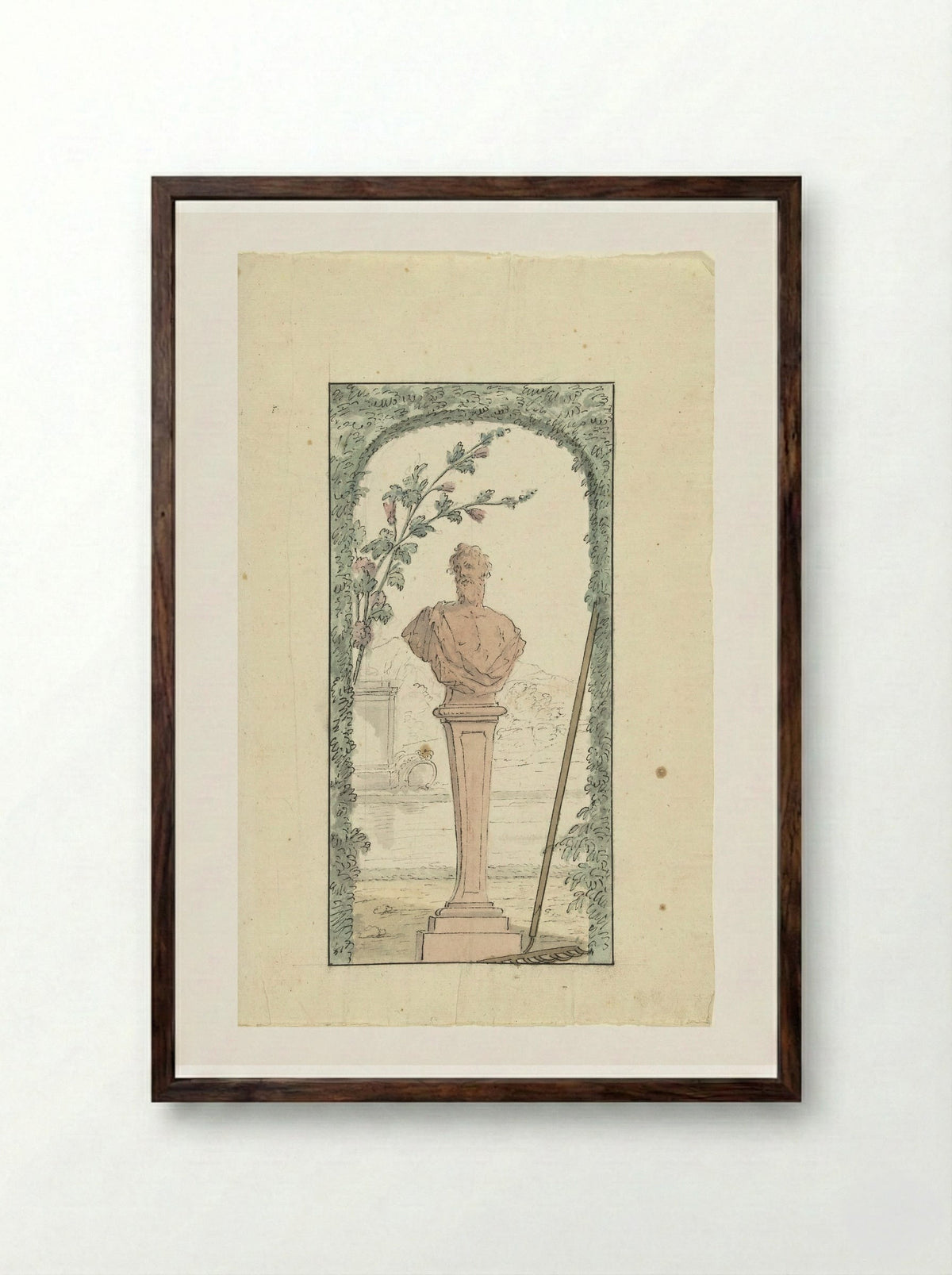 Tuinbeeld op voetstuk in een nis van geschoren haag - Elias van Nijmegen - Framed Print Dark Wood