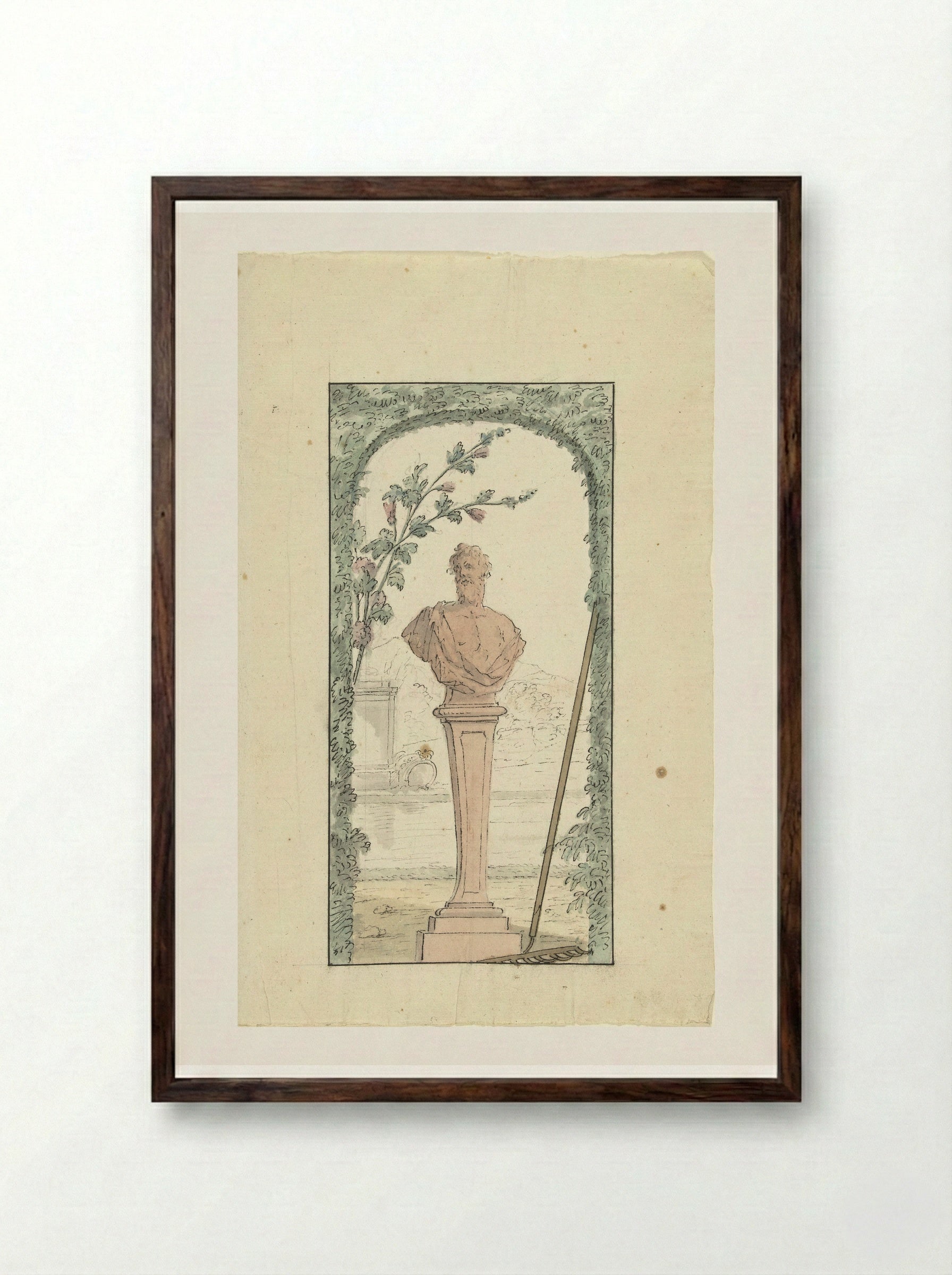 Tuinbeeld op voetstuk in een nis van geschoren haag - Elias van Nijmegen - Framed Print Dark Wood