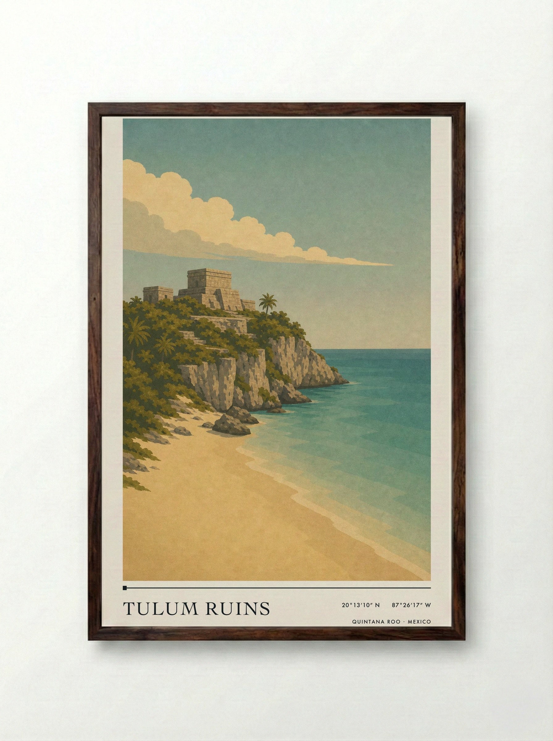 Tulum Ruins Travel Poster Artwork - Framed Print Dark Wood