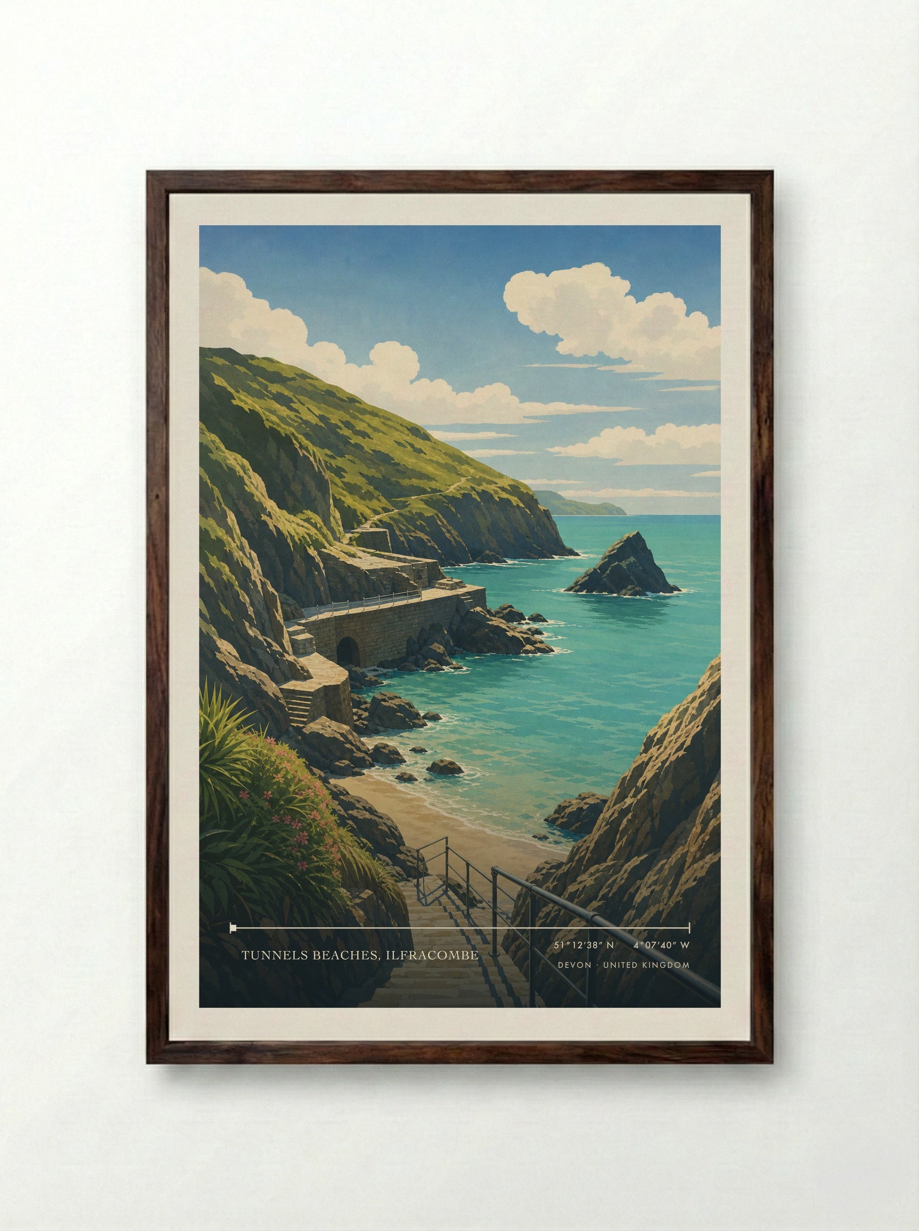 Tunnels Beaches, Ilfracombe Devon United Kingdom Travel Poster - Framed Print Dark Wood