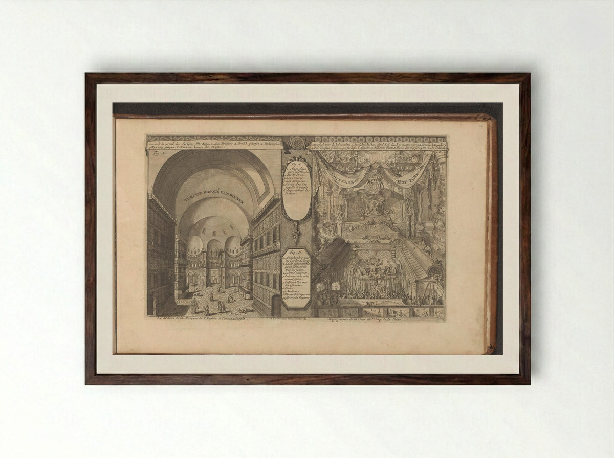Turkse moskee in Constantinopel; Keizerlijk hof in China - Romeyn de Hooghe - Framed Print Dark Wood