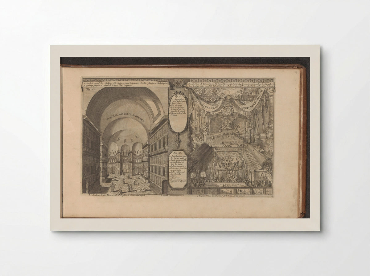 Turkse moskee in Constantinopel; Keizerlijk hof in China - Romeyn de Hooghe - Poster