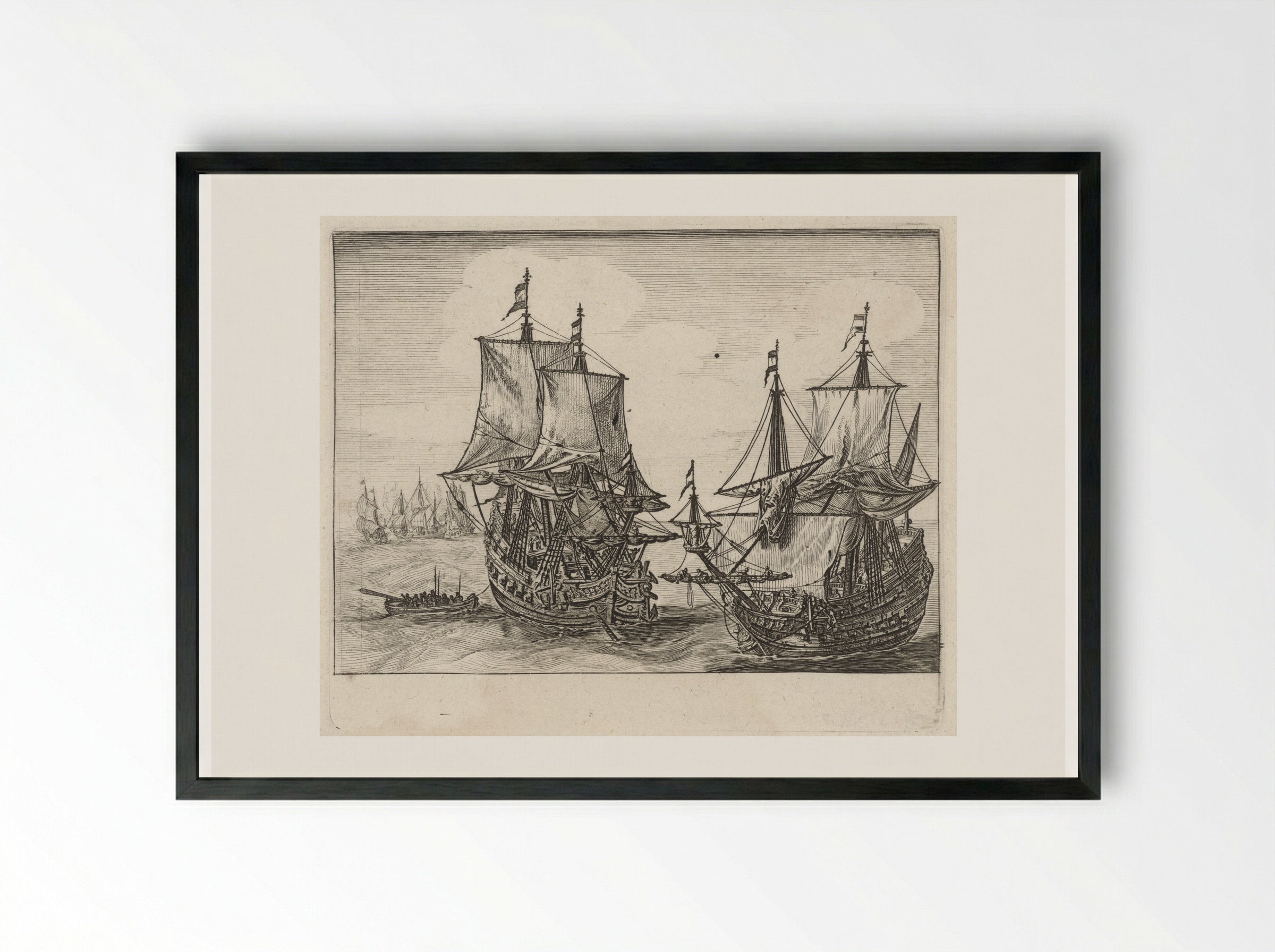 Twee Nederlandse oorlogsschepen voor anker - Salomon Savery - Framed Print Black