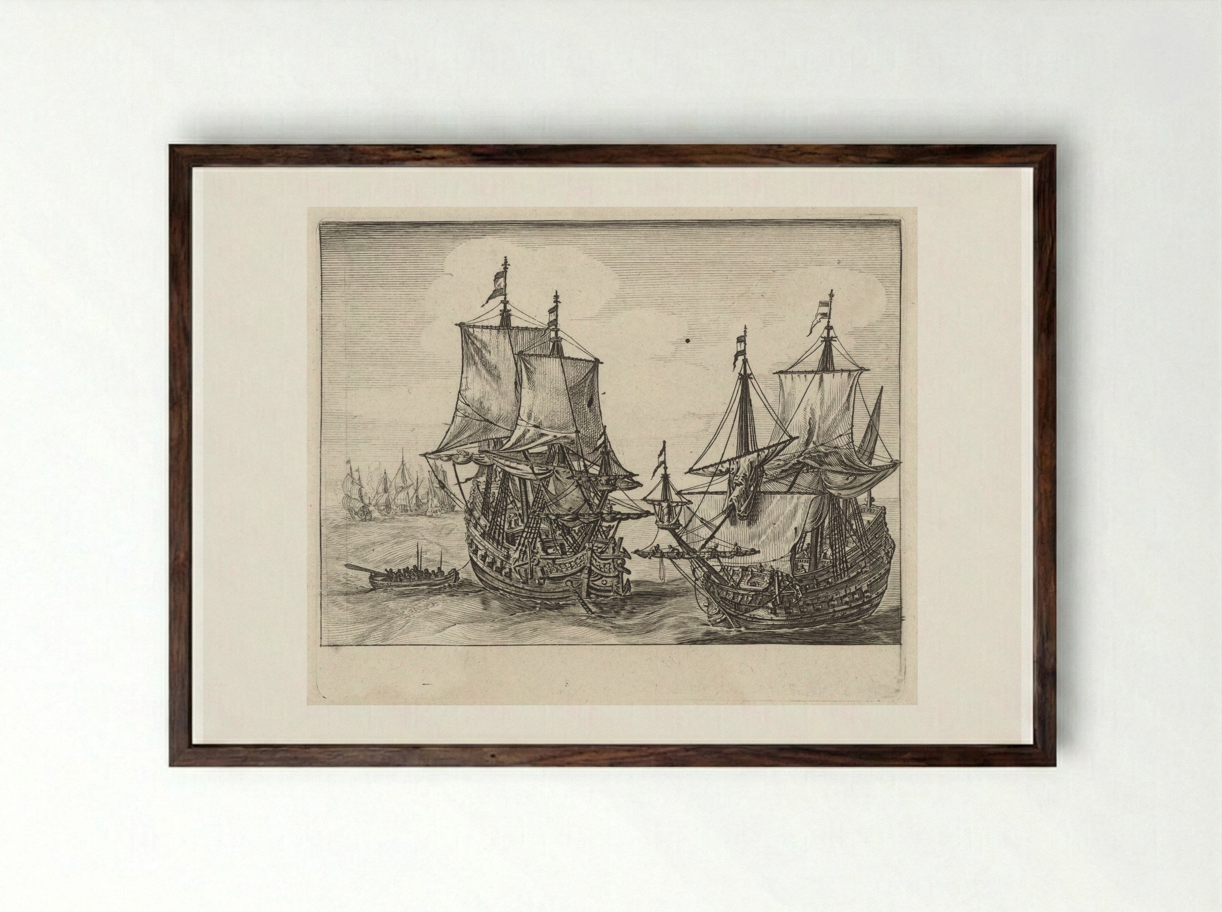Twee Nederlandse oorlogsschepen voor anker - Salomon Savery - Framed Print Dark Wood