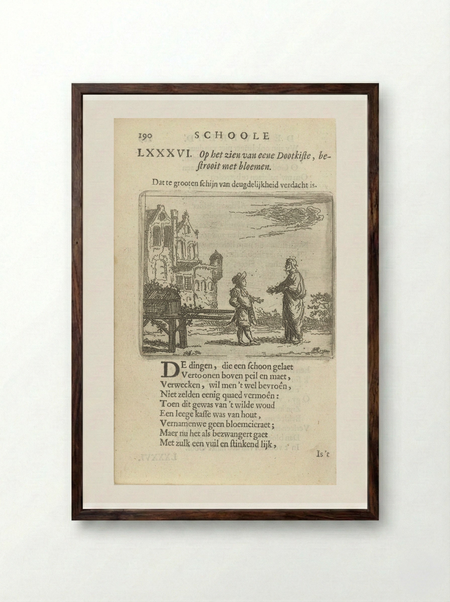 Twee figuren bij een doodskist op een draagbaar - Arnold Houbraken - Framed Print Dark Wood