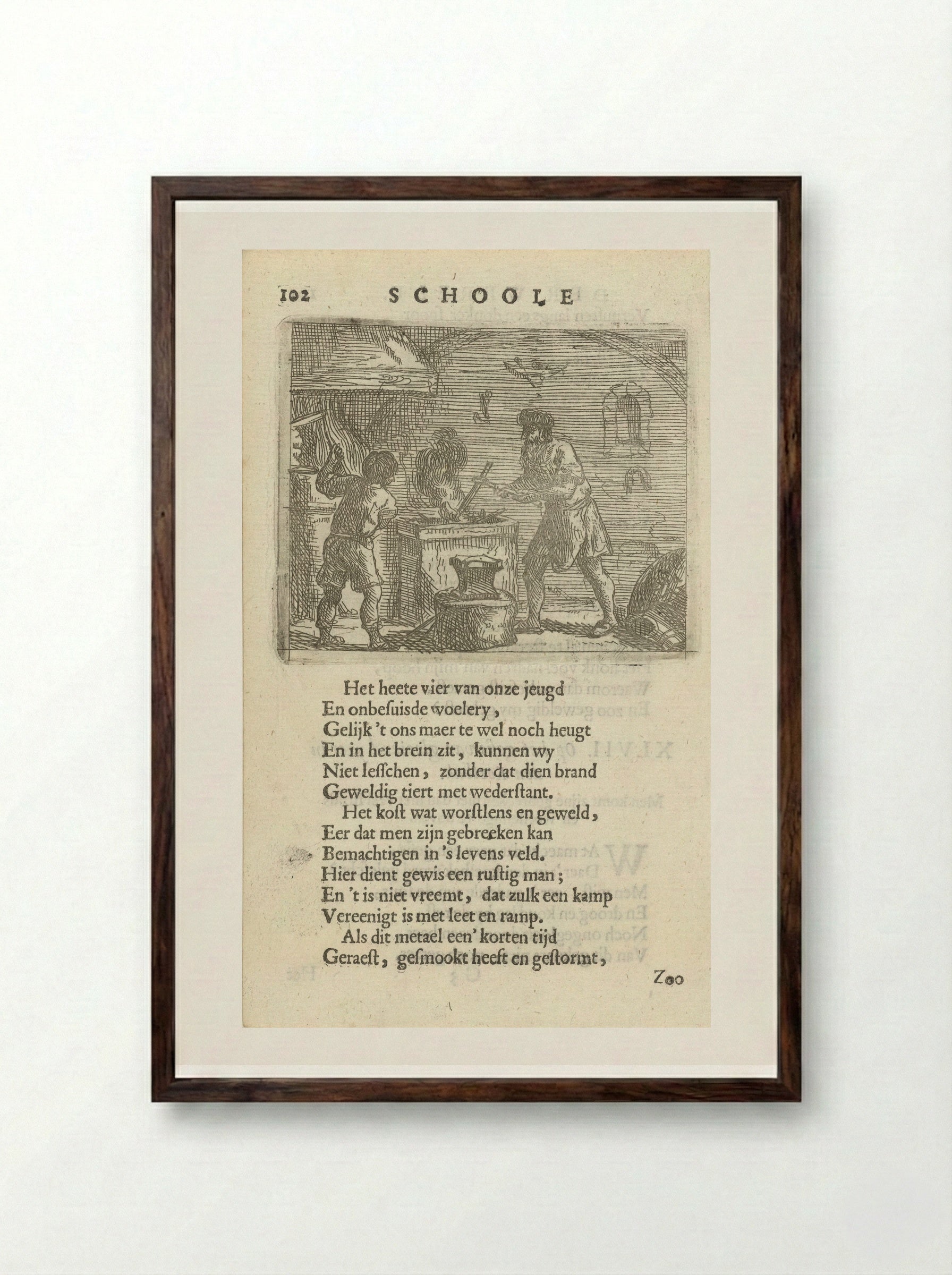 Twee figuren in het interieur van een smidse - Arnold Houbraken - Framed Print Dark Wood