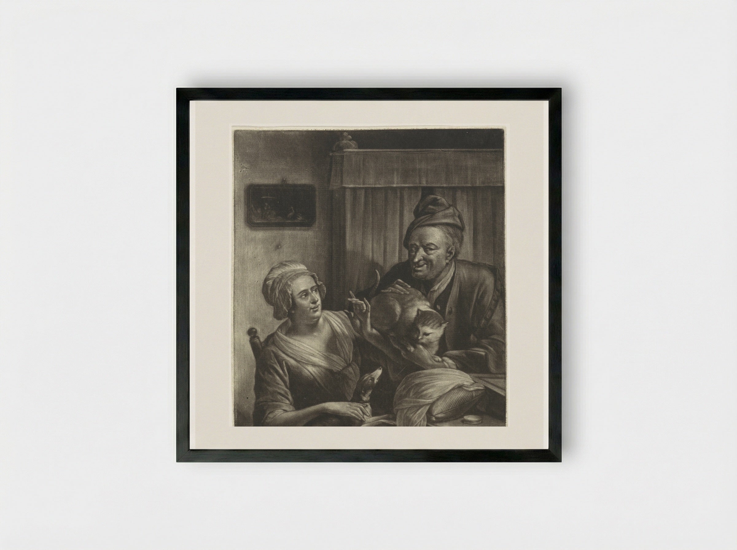 Twee figuren met een hond en een kat - Aert Schouman - Framed Print Black