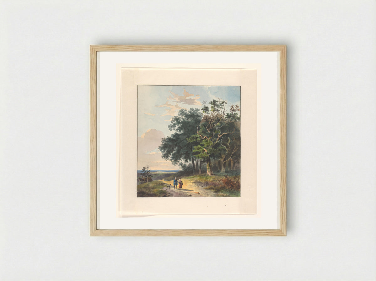Twee figuren op een landweg langs een bosrand - Johannes van Reijn - Framed Print Wood