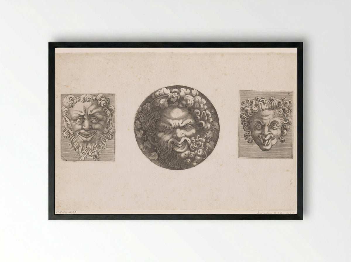 Twee groteske maskers en Silenus - Adamo Scultori - Framed Print Black