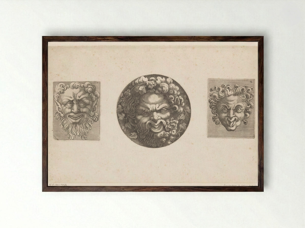 Twee groteske maskers en Silenus - Adamo Scultori - Framed Print Dark Wood