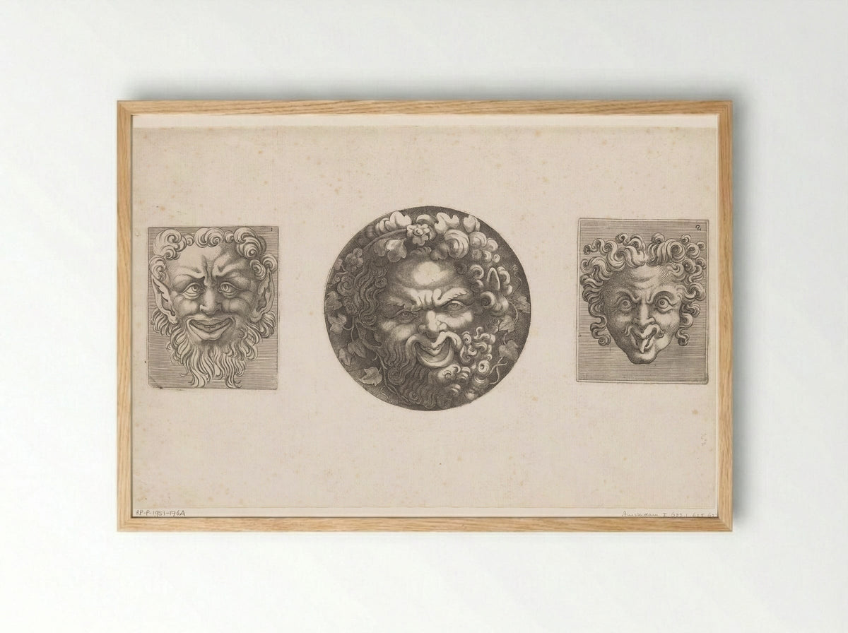 Twee groteske maskers en Silenus - Adamo Scultori - Framed Print Wood