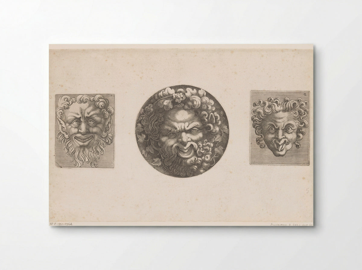 Twee groteske maskers en Silenus - Adamo Scultori - Poster
