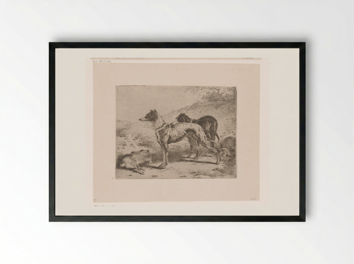 Twee hazewindhonden bij een dode haas - Joseph Moerenhout - Framed Print Black