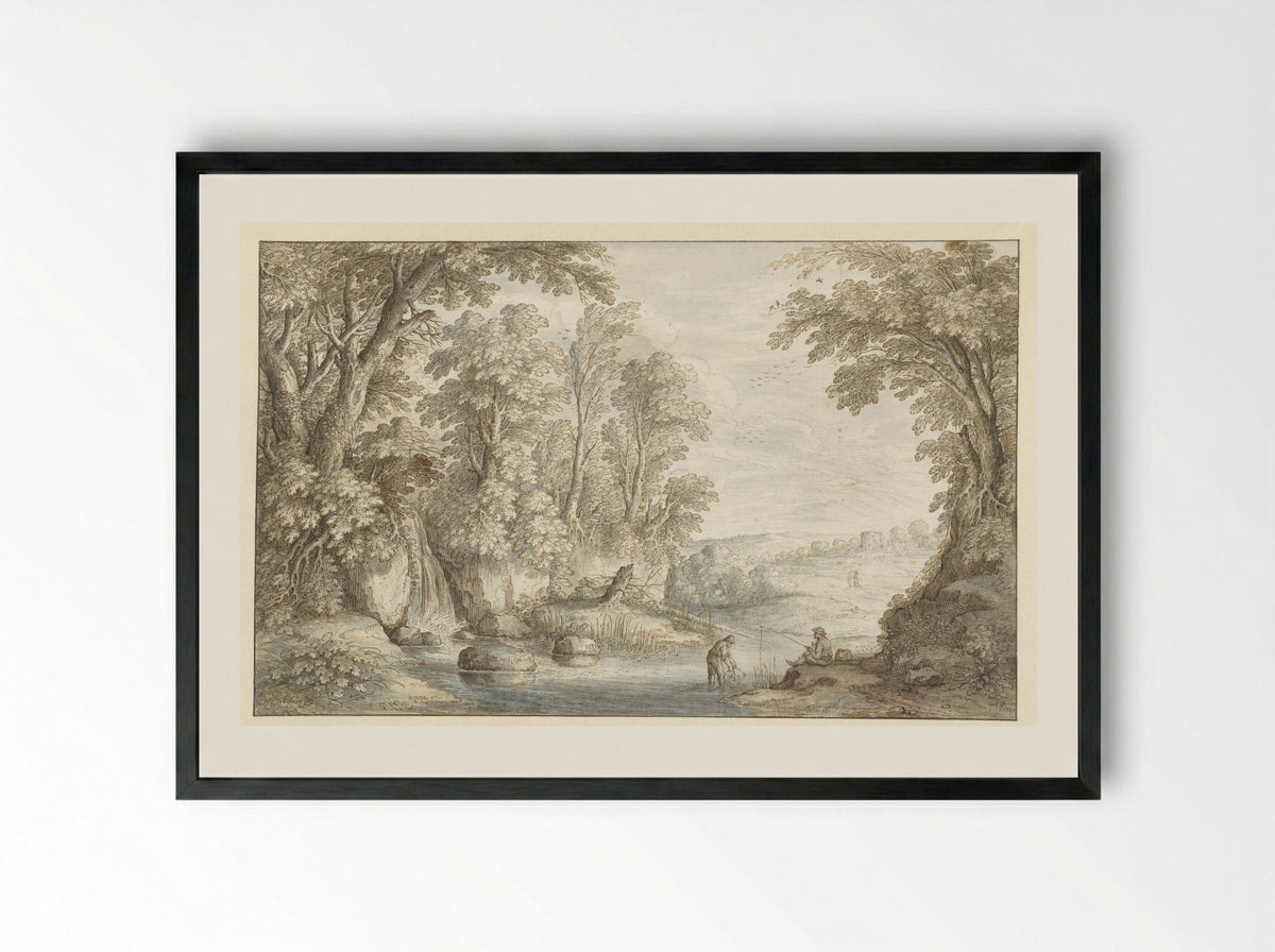 Twee hengelaars bij een waterval in een bos - Marten de Cock - Framed Print Black