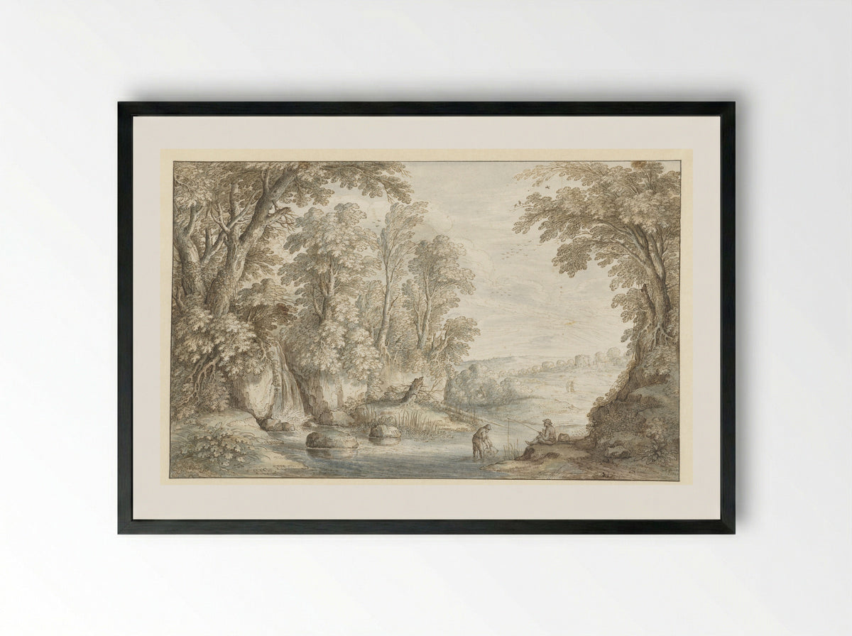 Twee hengelaars bij een waterval in een bos - Marten de Cock - Framed Print Black