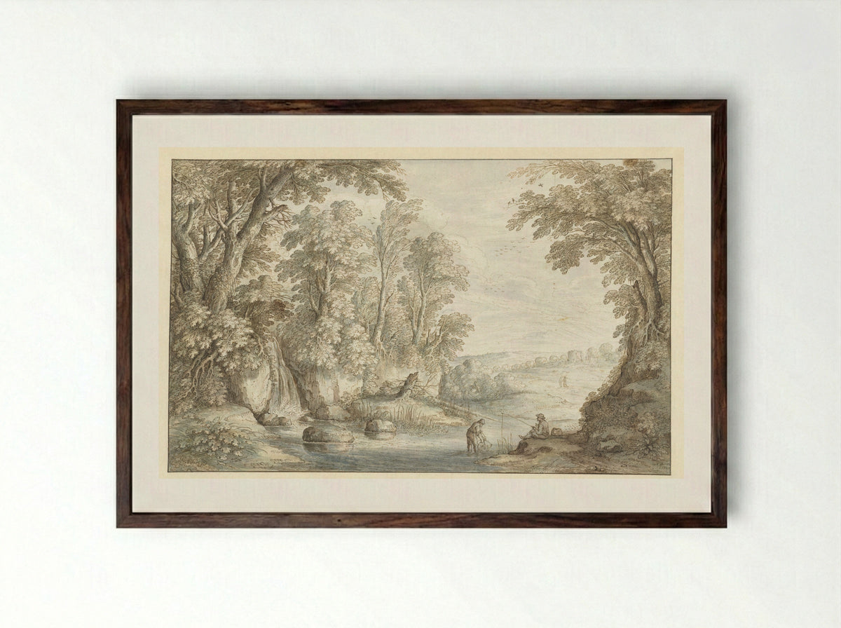 Twee hengelaars bij een waterval in een bos - Marten de Cock - Framed Print Dark Wood