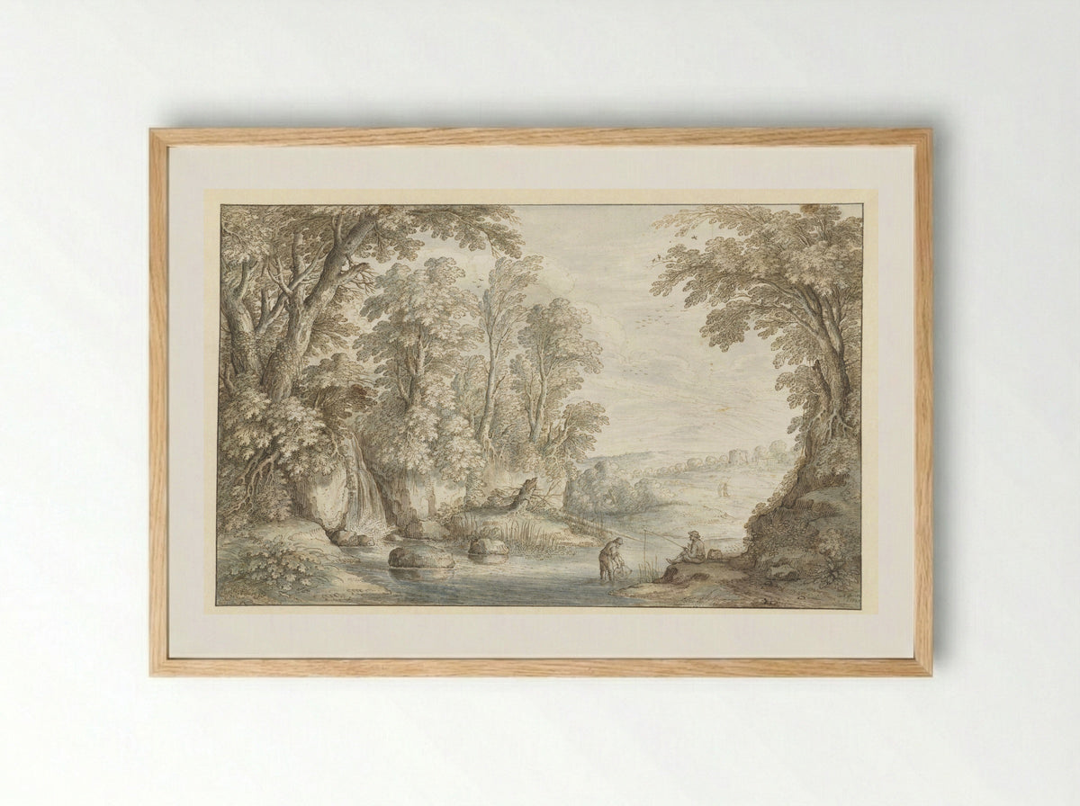 Twee hengelaars bij een waterval in een bos - Marten de Cock - Framed Print Wood