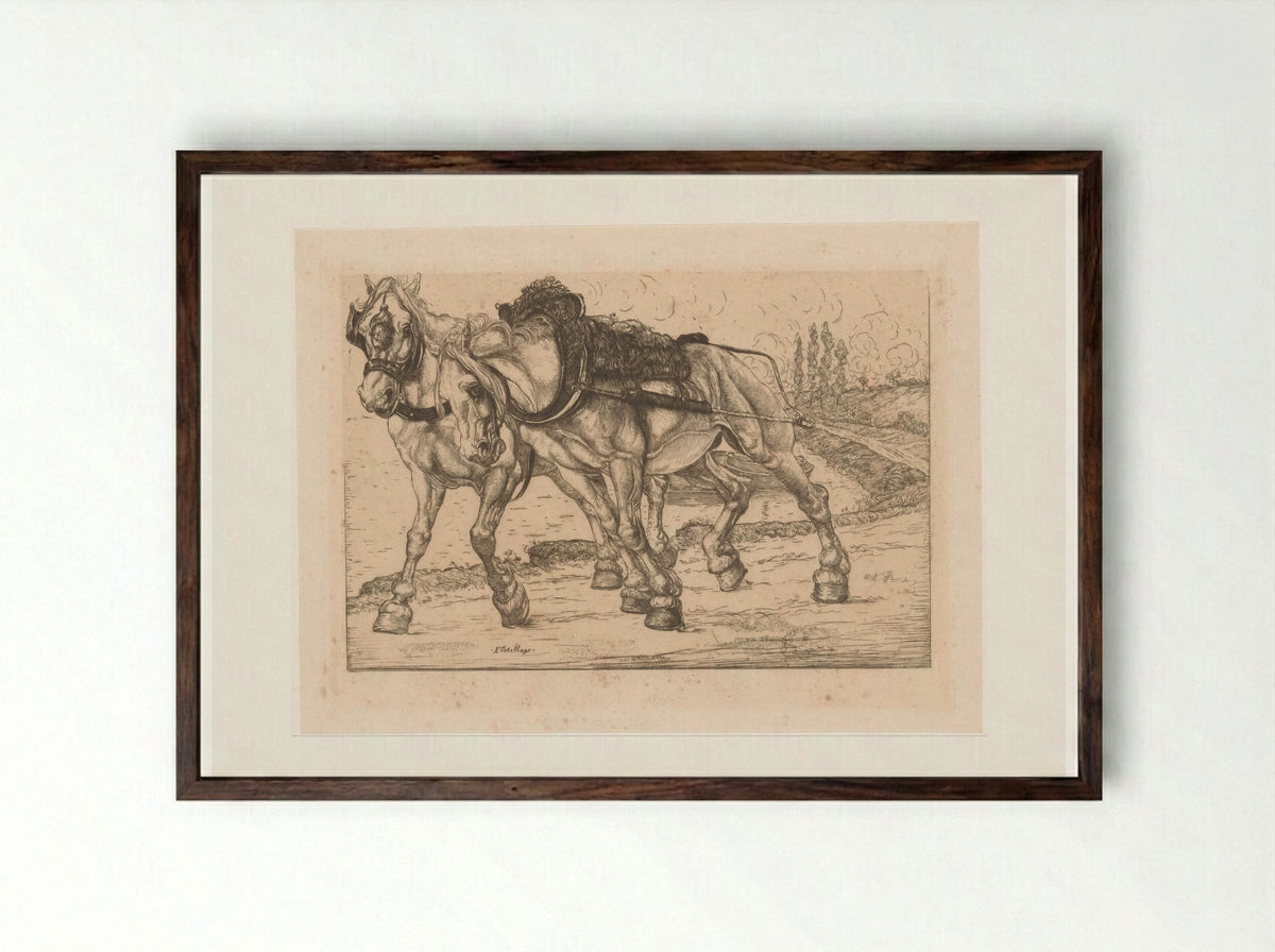Twee jaagpaarden langs de Marne - Pieter Dupont - Framed Print Dark Wood