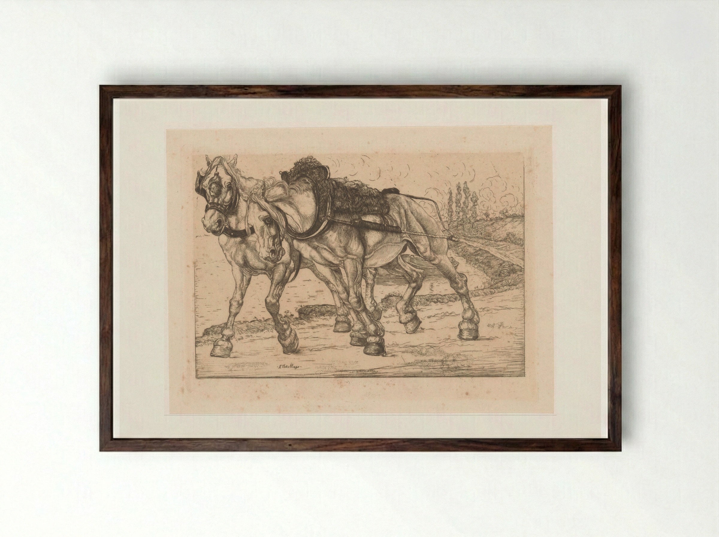 Twee jaagpaarden langs de Marne - Pieter Dupont - Framed Print Dark Wood