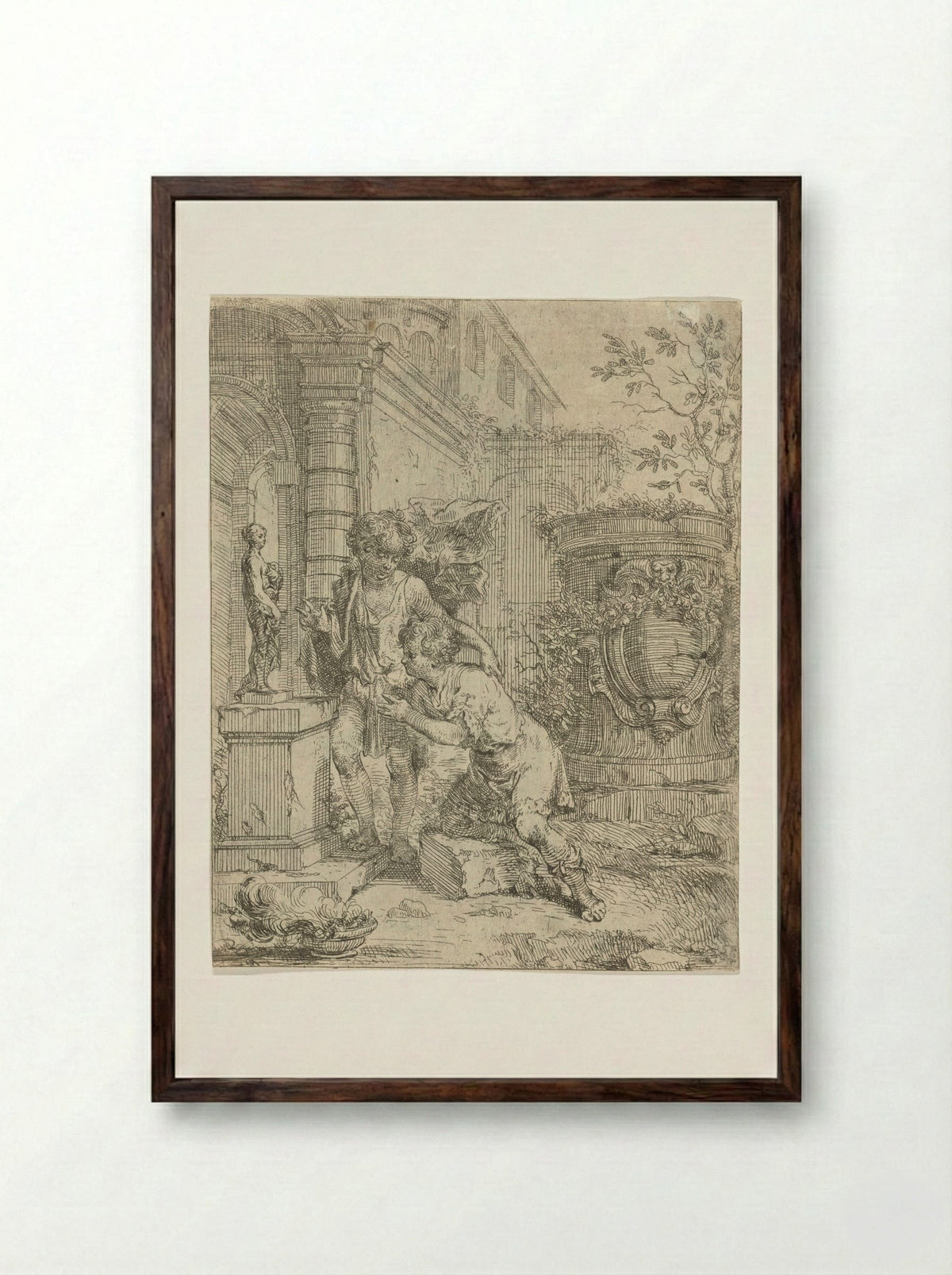 Twee jongens bij beeldje van Venus - Louis de Deyster - Framed Print Dark Wood