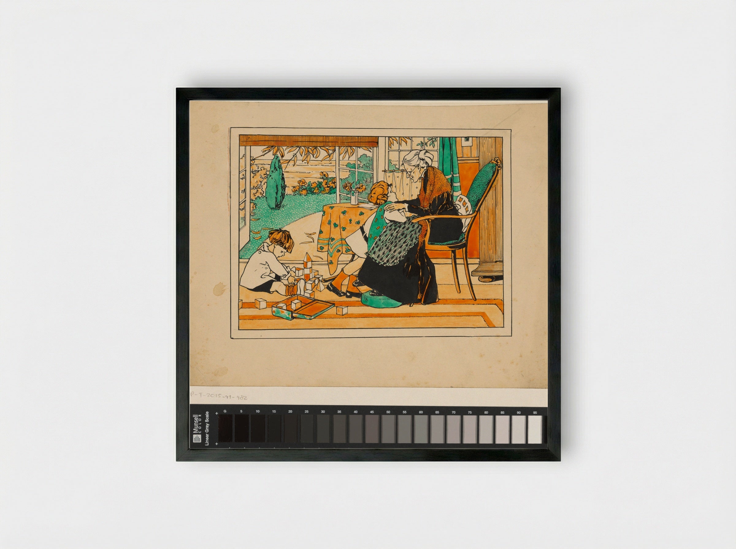 Twee kinderen en een oude vrouw in een interieur - Nelly Spoor - Framed Print Black