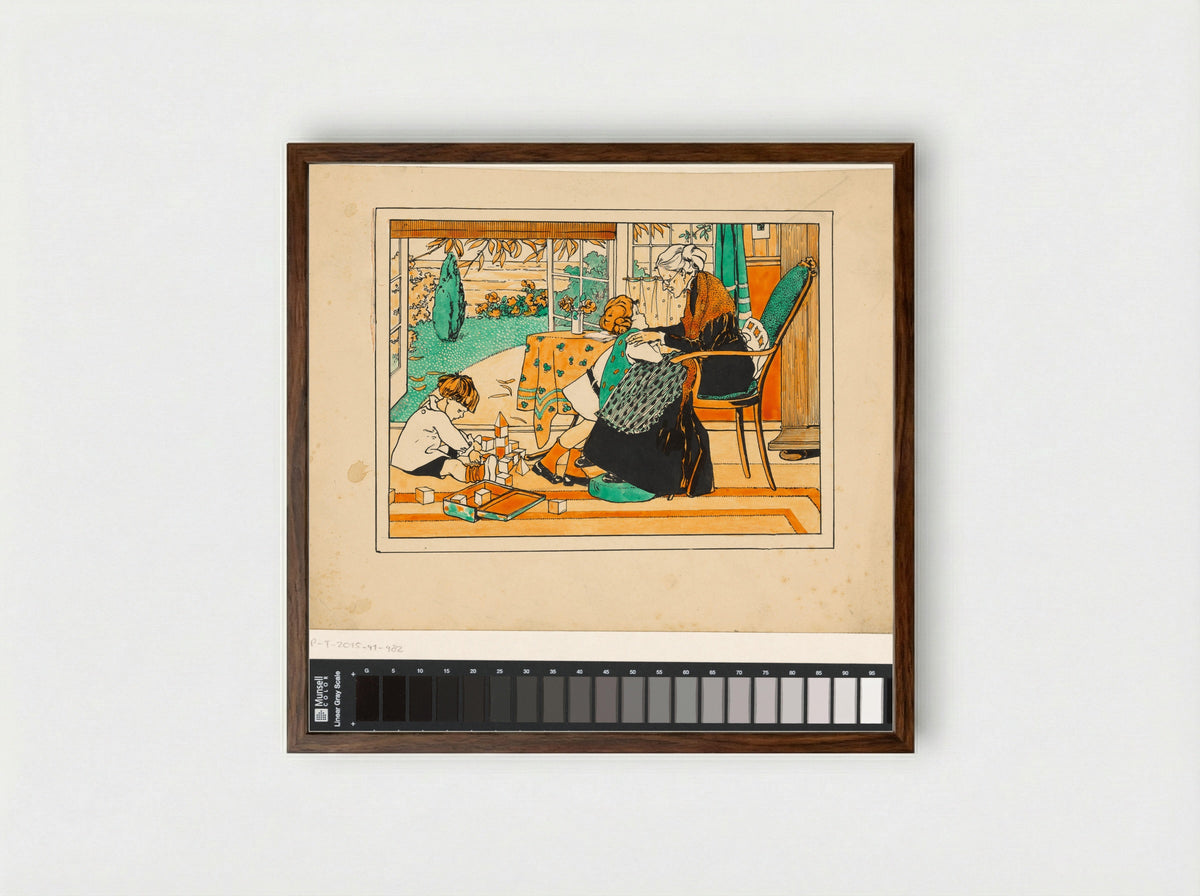 Twee kinderen en een oude vrouw in een interieur - Nelly Spoor - Framed Print Dark Wood