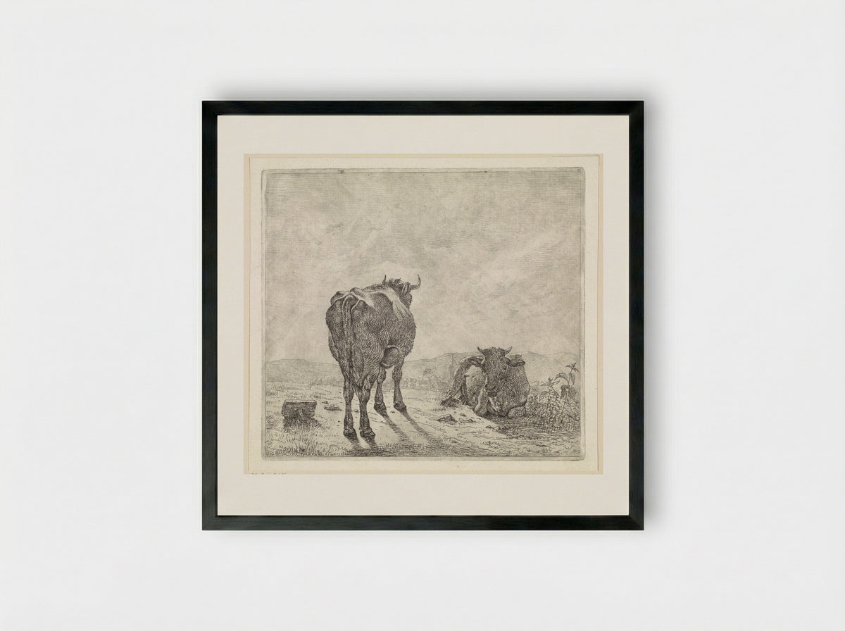 Twee koeien en op de achtergrond een dorp - Wouter Johannes van Troostwijk - Framed Print Black
