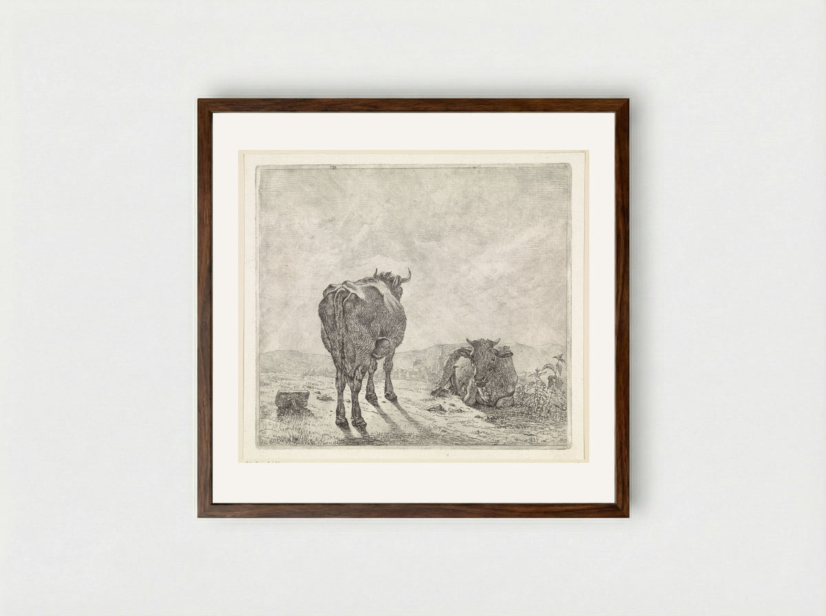Twee koeien en op de achtergrond een dorp - Wouter Johannes van Troostwijk - Framed Print Dark Wood