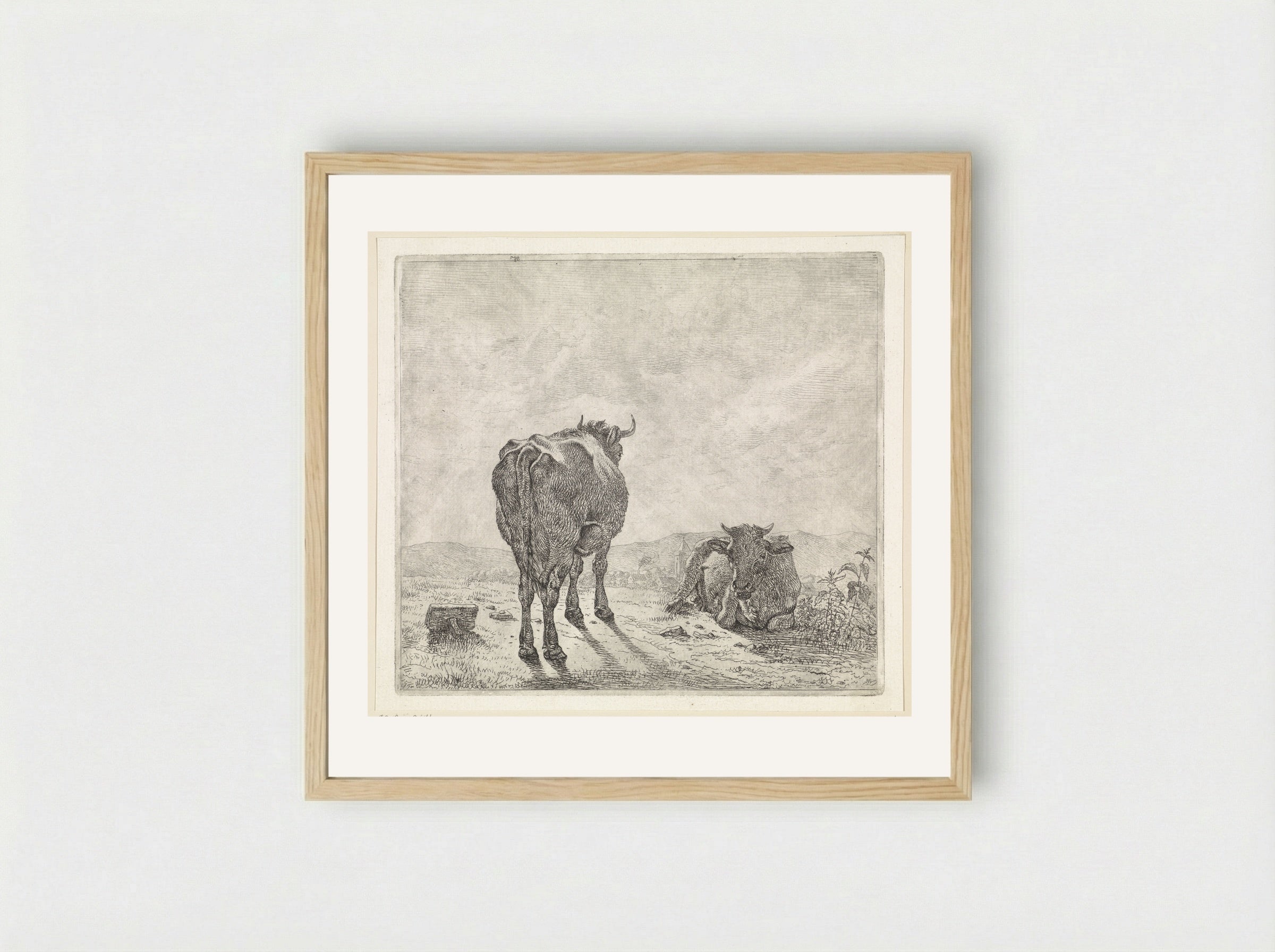 Twee koeien en op de achtergrond een dorp - Wouter Johannes van Troostwijk - Framed Print Wood