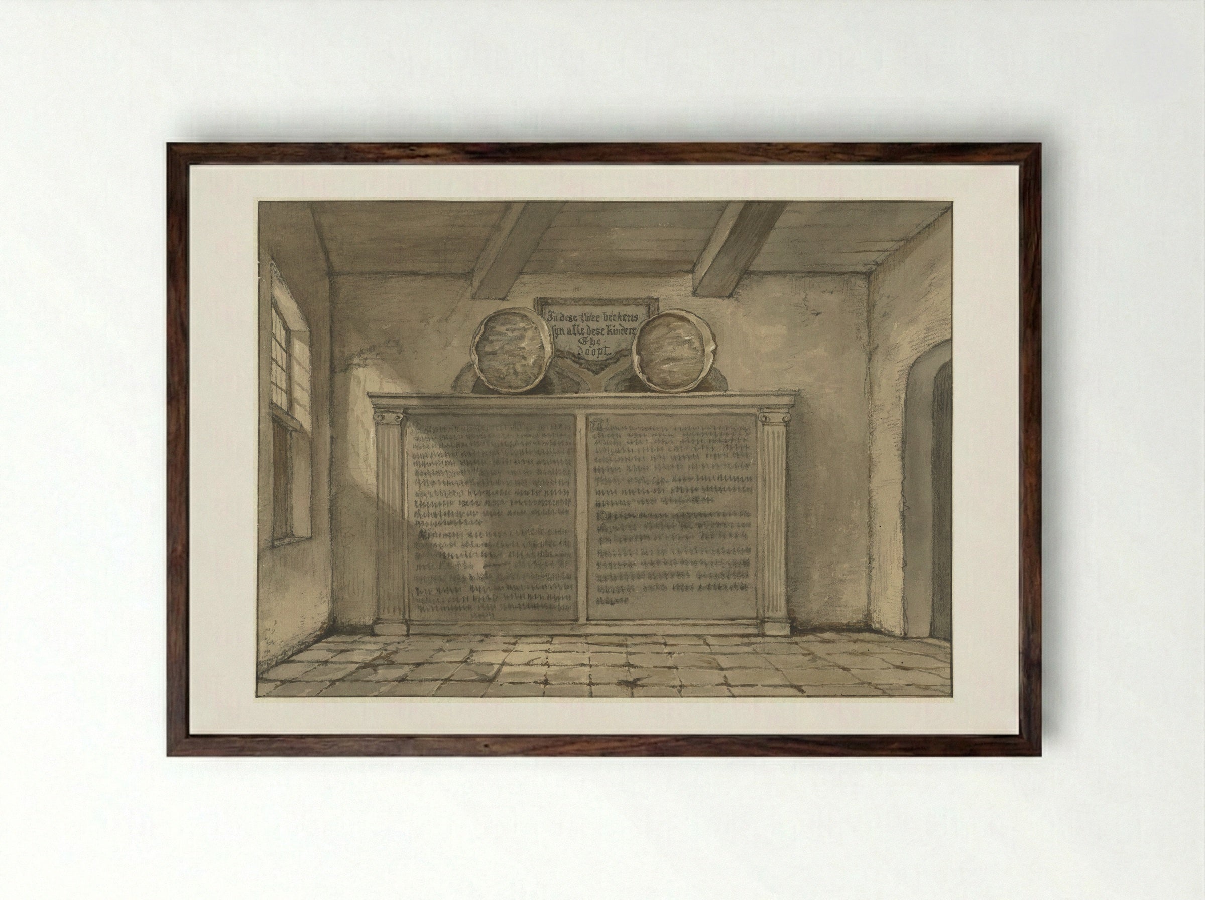 Twee koperen bekkens in de kerk te Loosduinen - Gerrit Lamberts - Framed Print Dark Wood