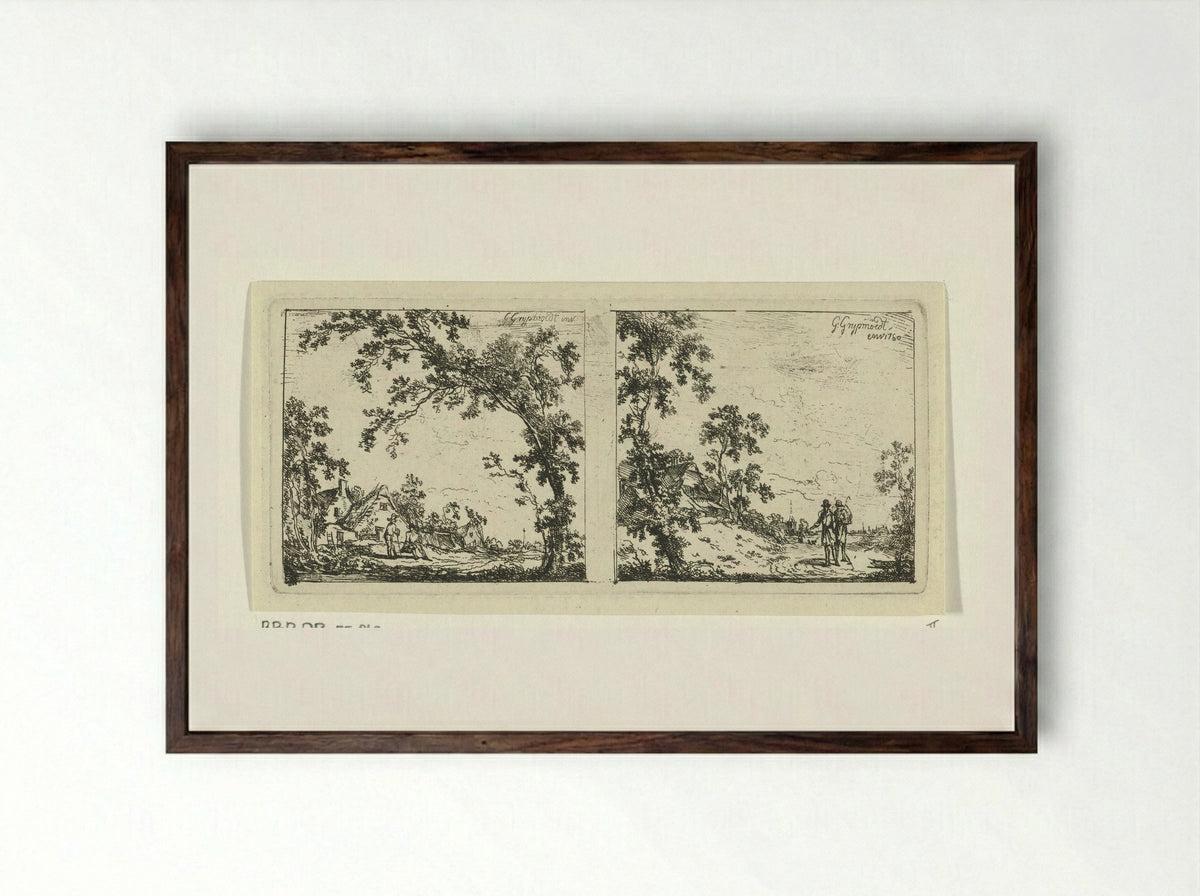 Twee landschappen met wandelaars - Geerlig Grijpmoed - Framed Print Dark Wood