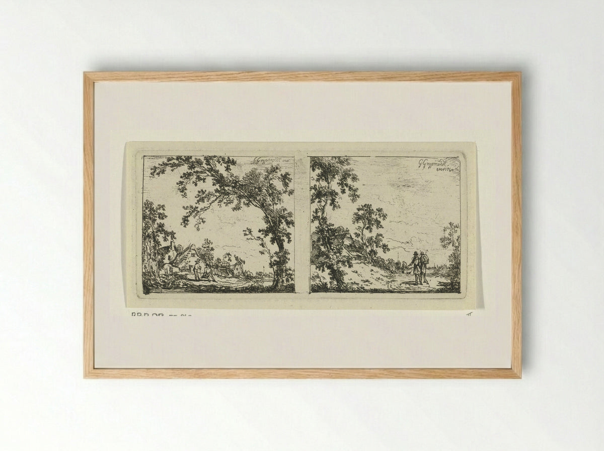 Twee landschappen met wandelaars - Geerlig Grijpmoed - Framed Print Wood