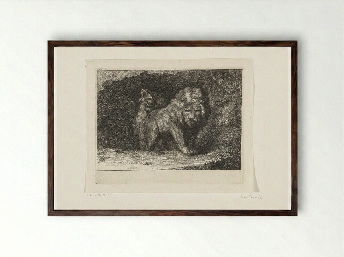 Twee leeuwen bij de ingang van hun hol - Abraham Bloteling - Framed Print Dark Wood