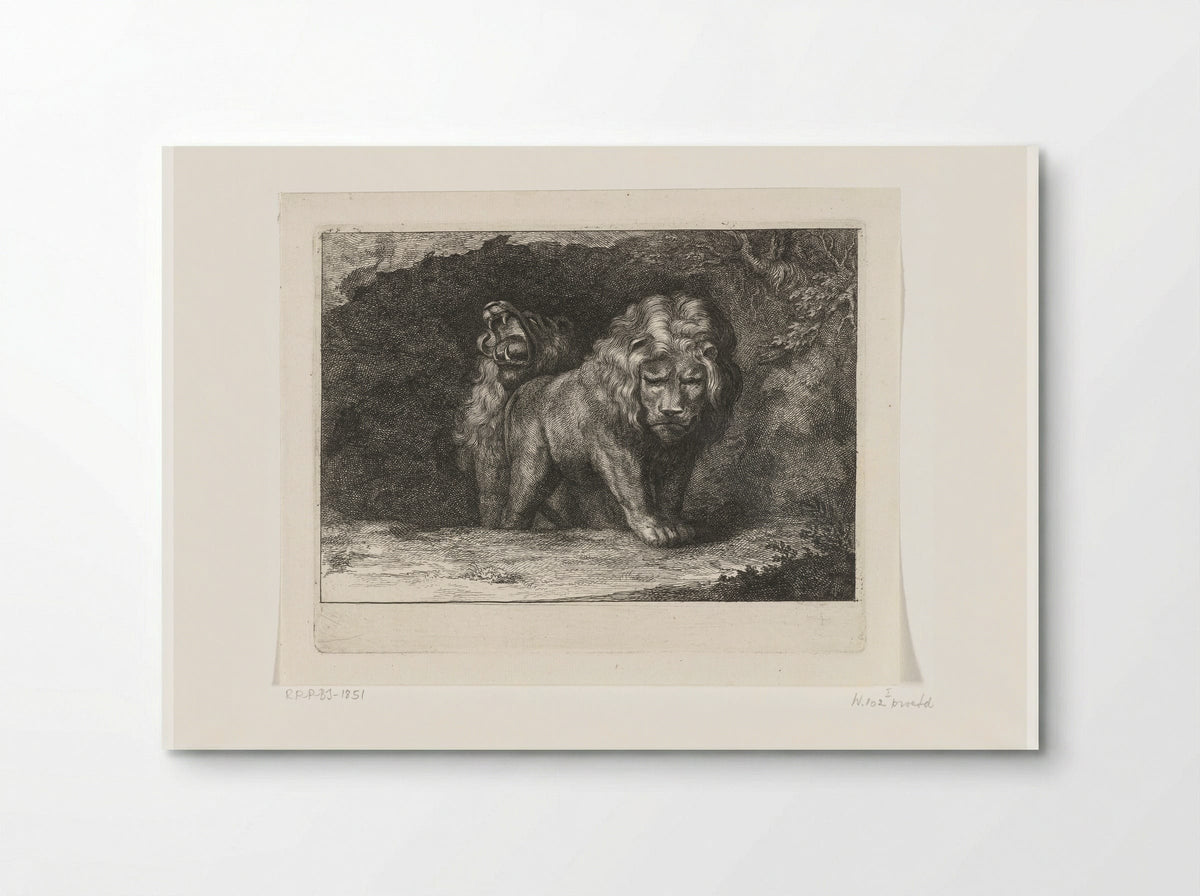 Twee leeuwen bij de ingang van hun hol - Abraham Bloteling - Poster