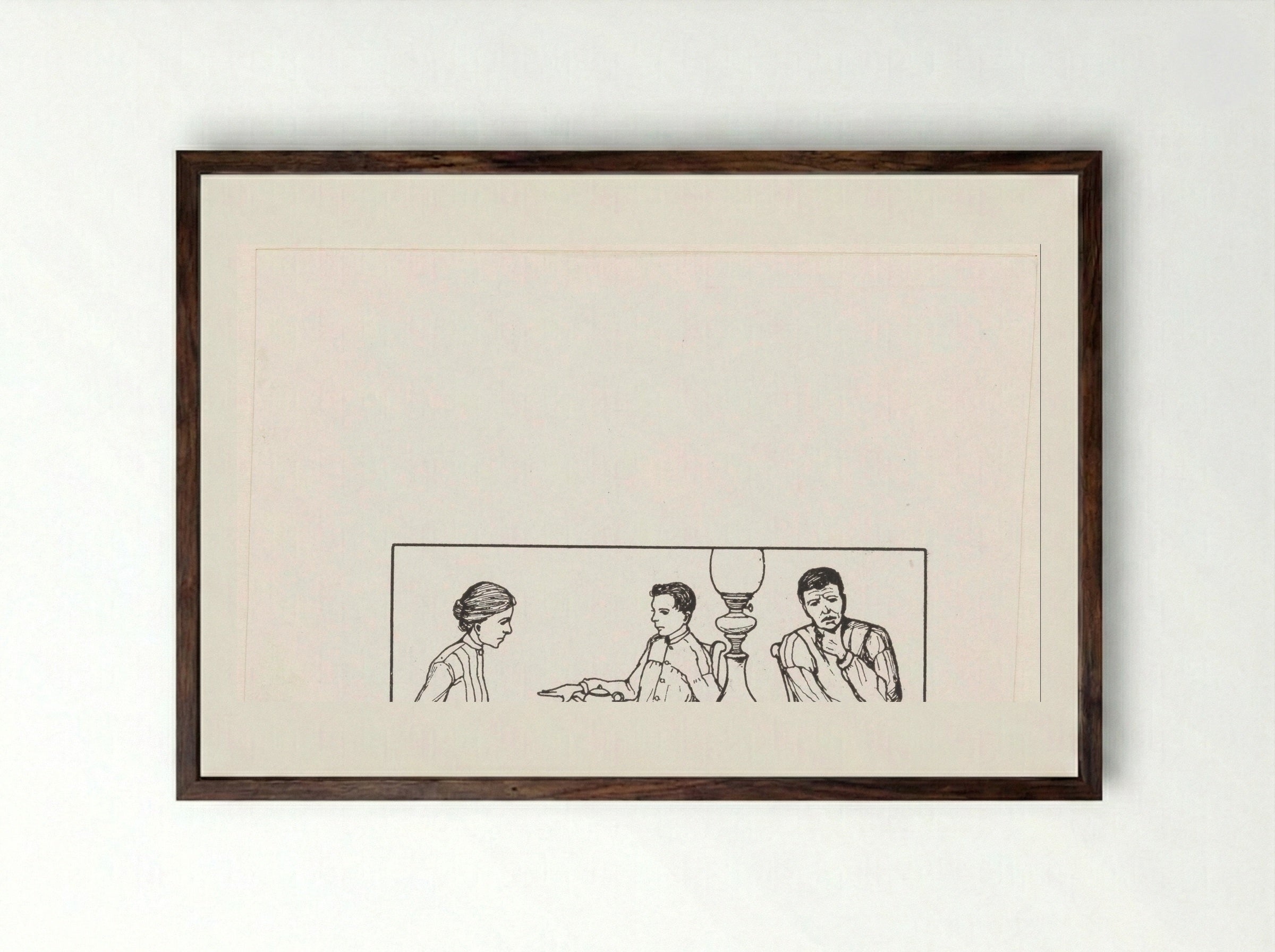 Twee mannen en een vrouw aan een tafel - Julie de Graag - Framed Print Dark Wood