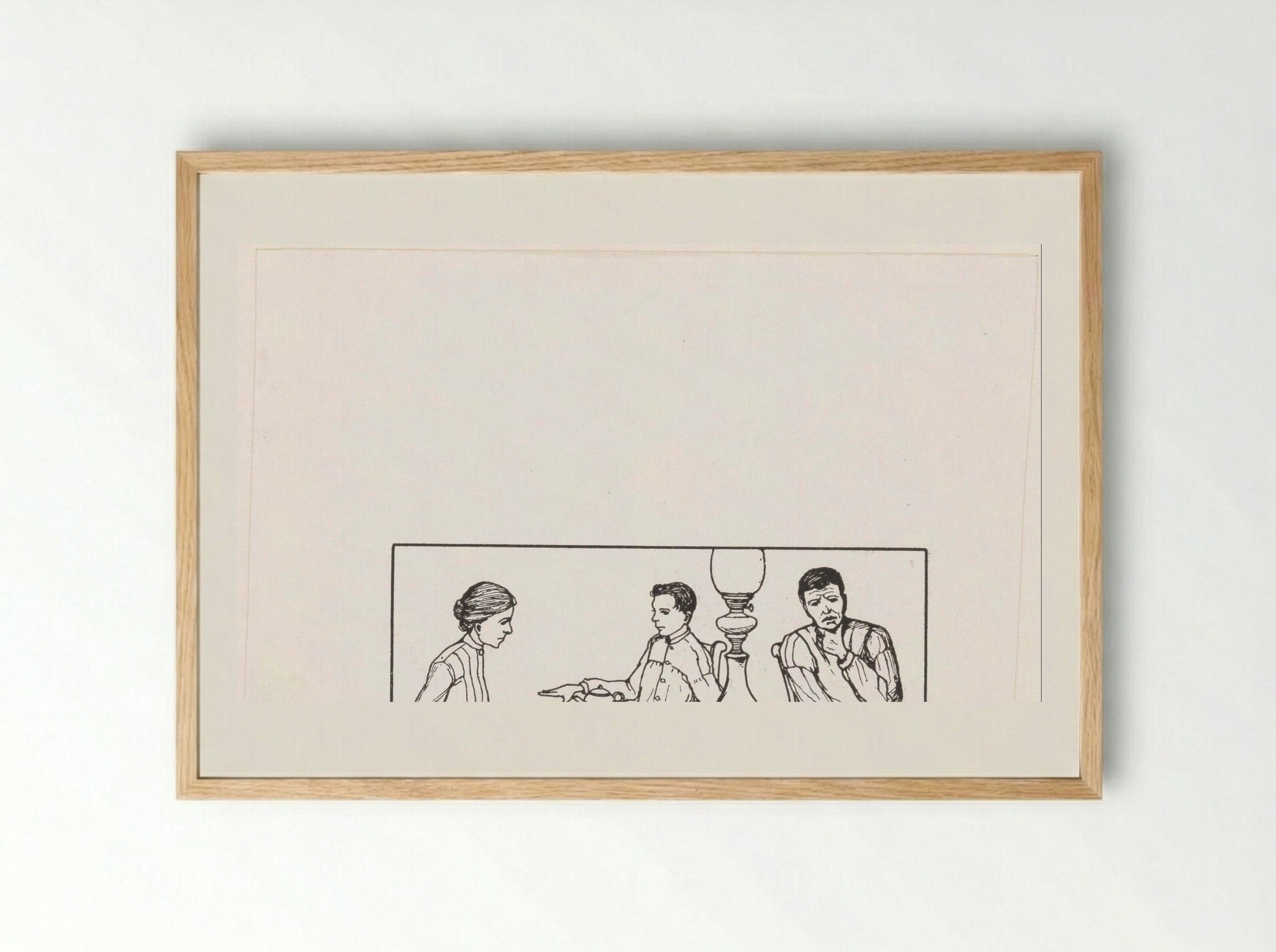 Twee mannen en een vrouw aan een tafel - Julie de Graag - Framed Print Wood